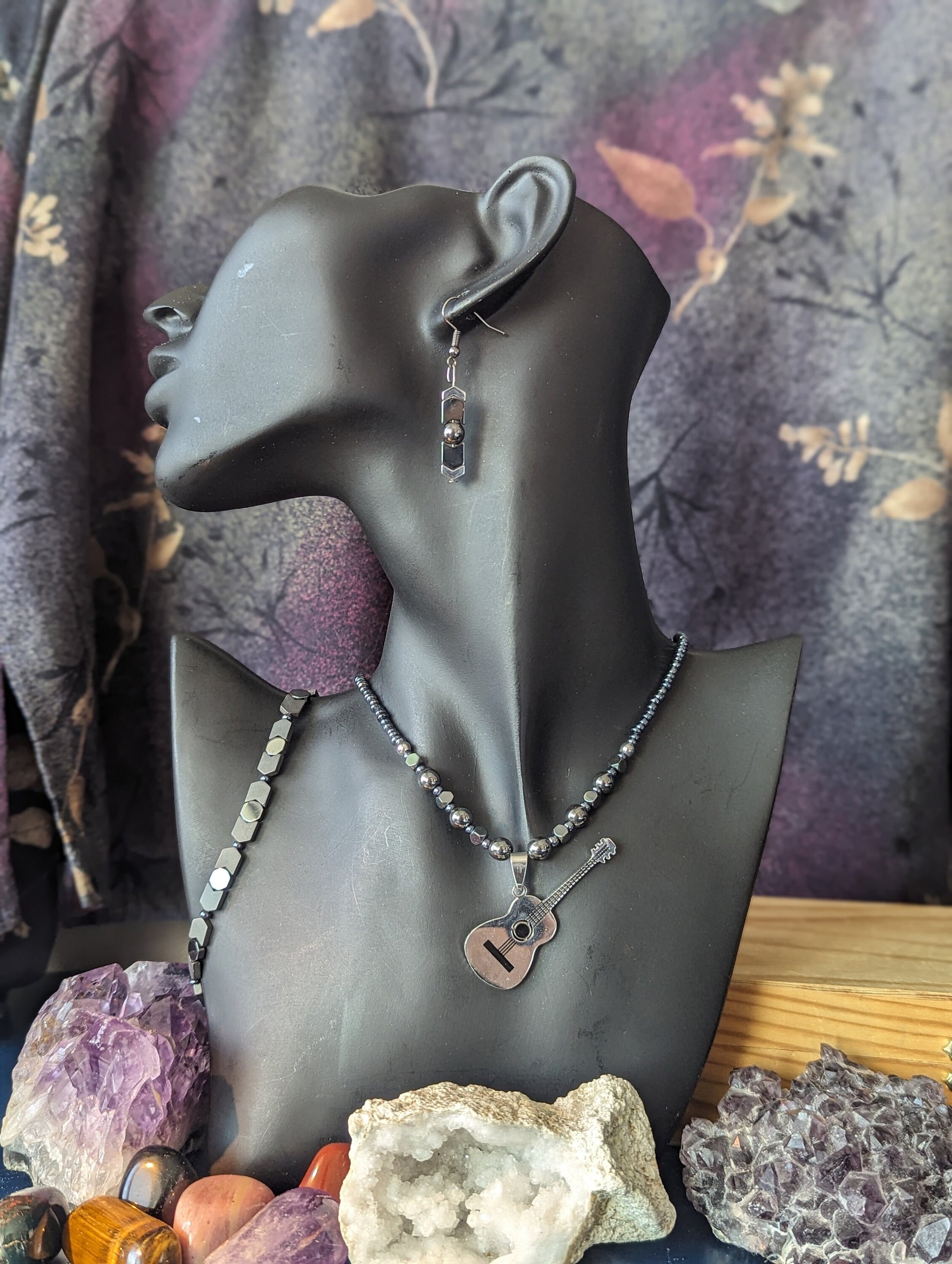 Silver Guitar Set: Silver Metallic Guitar Pendant, on a Silver Hematite Styled Beaded Necklace with Fitting Bracelet and Earrings