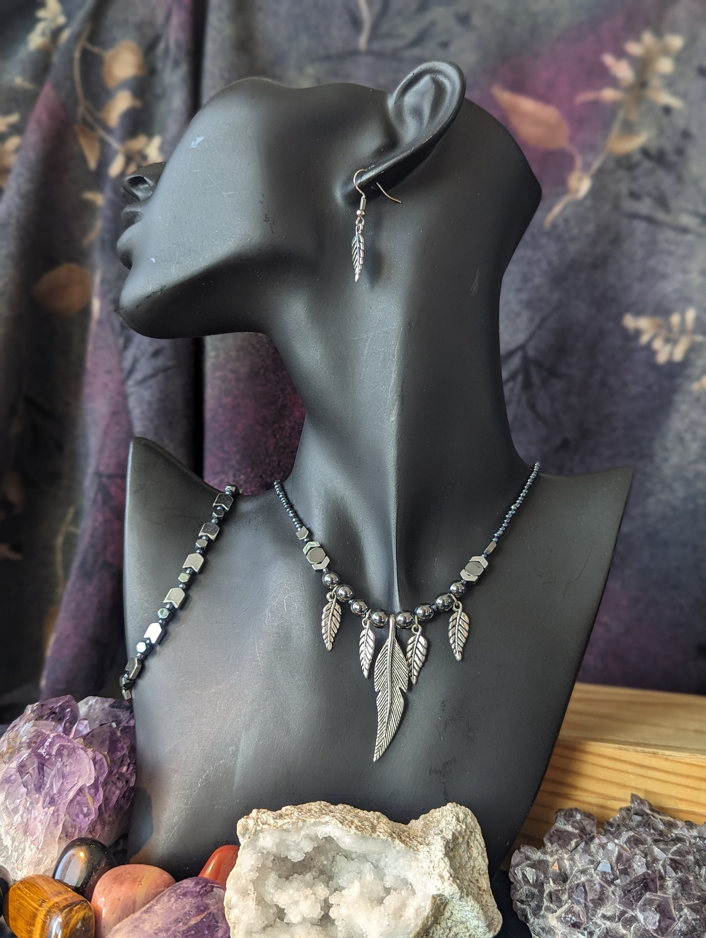 AMERICA East Coast. Tribal Feathers Set. Silver Feather Pendants on a Silver Hematite Styled Beaded Necklace with Bracelet and Earrings