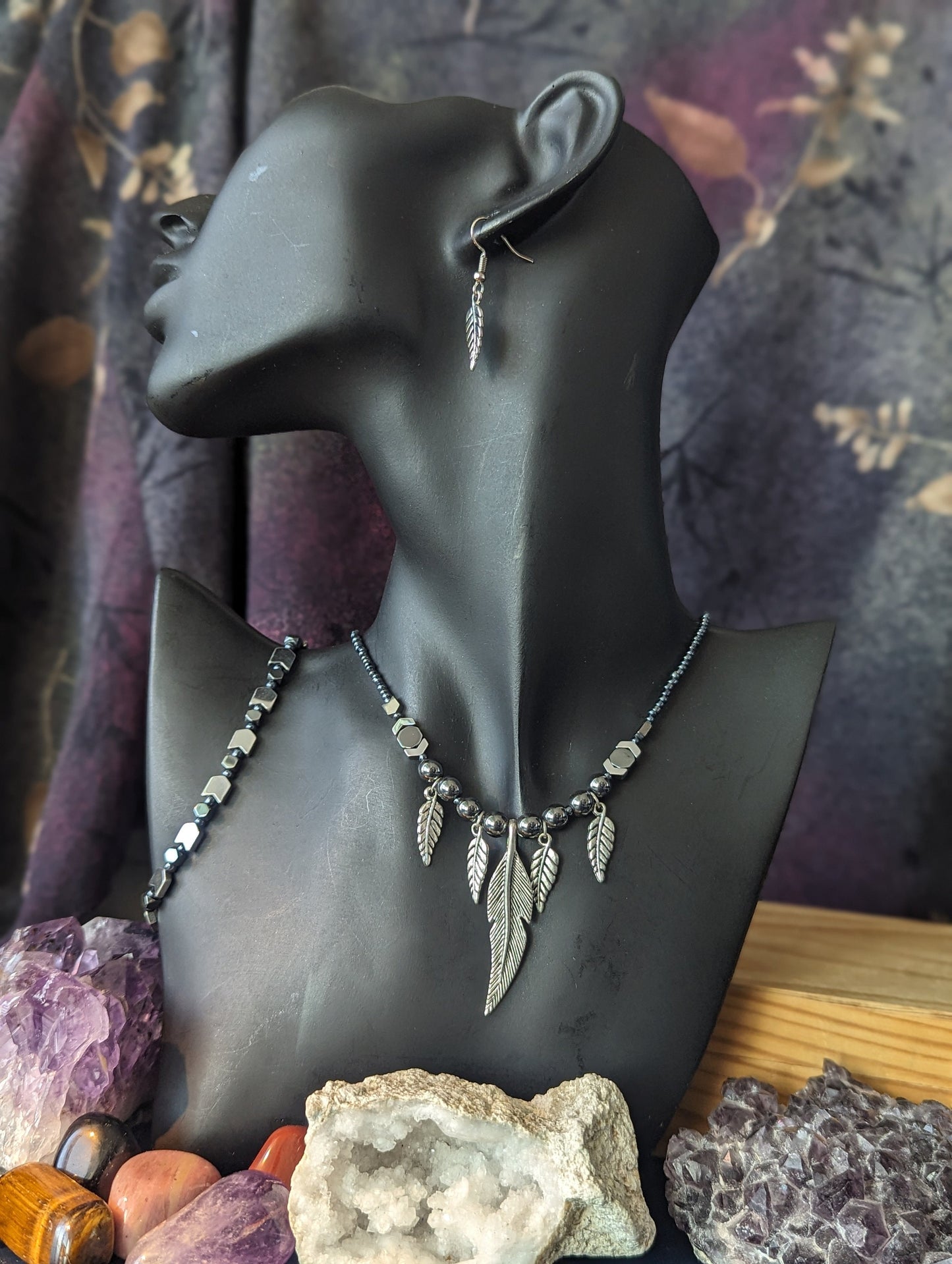 AMERICA East Coast. Tribal Feathers Set. Silver Feather Pendants on a Silver Hematite Styled Beaded Necklace with Bracelet and Earrings