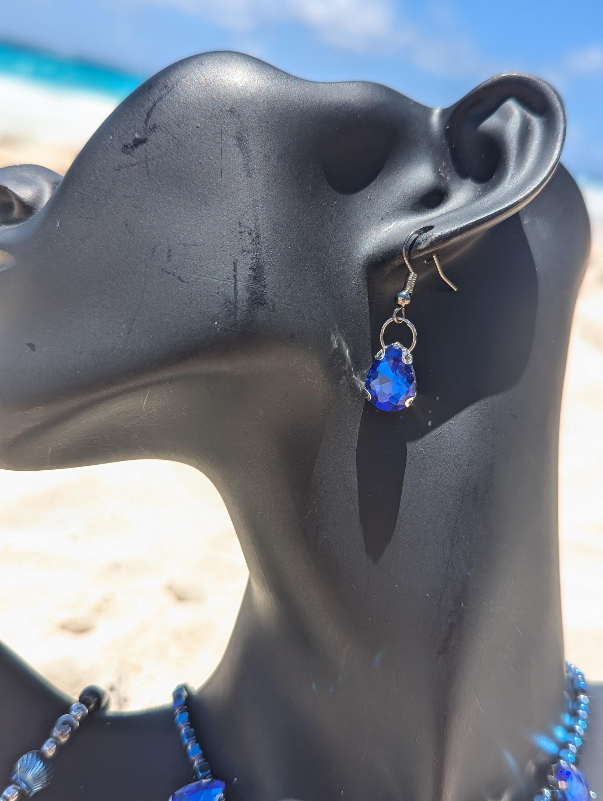 Blue Waterdrop Pendants and Light Blue Rectangular Pendants, Hematite styled Beads, Blue Shell Bracelet and Blue Baroque Earrings