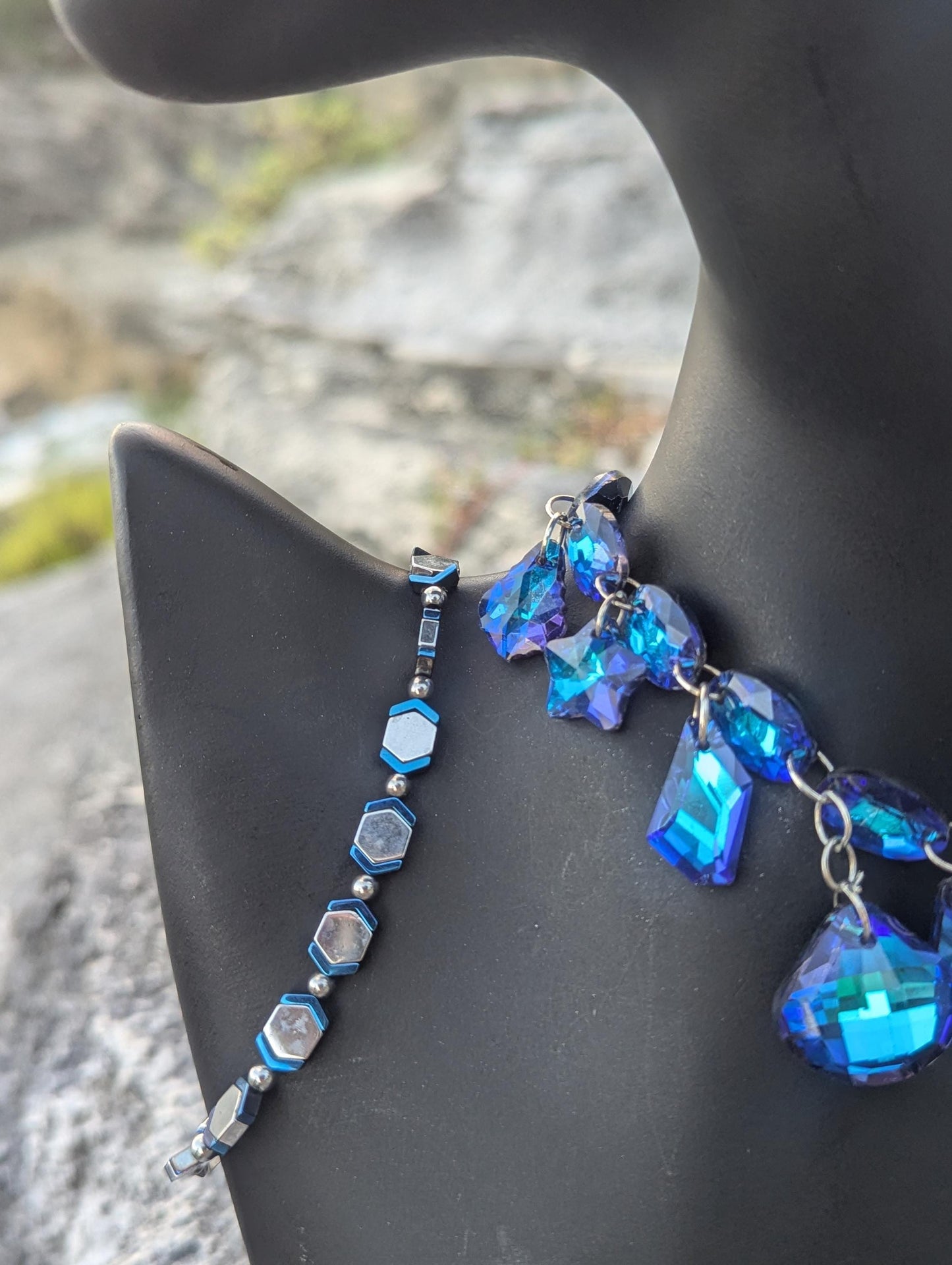 Blue Nights Composition: Royal Blue Glass Baroque, Oval, Star, Triangle, Rhombic Pendants, Silver Moon Star Earrings, Purple Beaded Bracelet