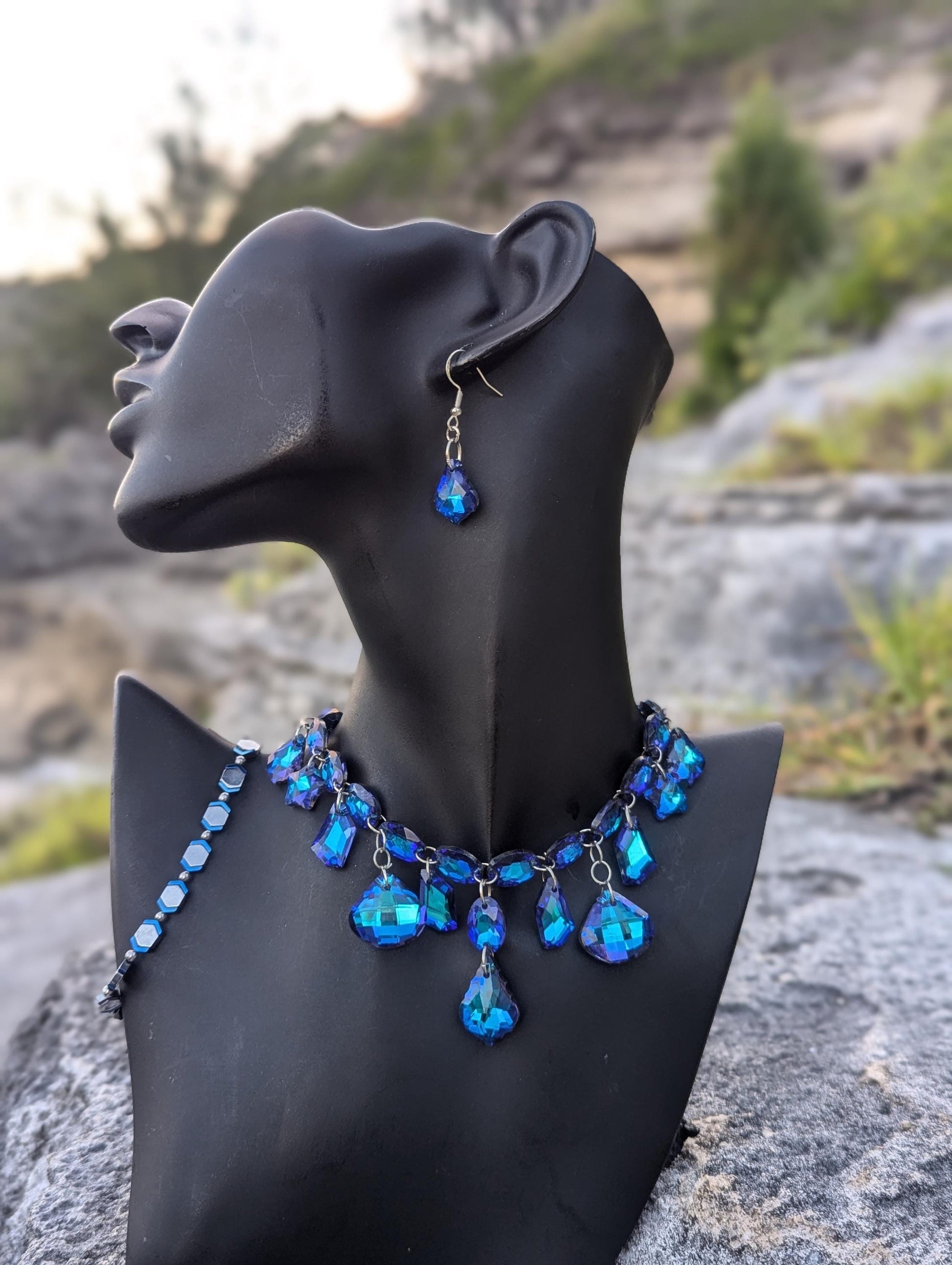 Blue Nights Composition: Royal Blue Glass Baroque, Oval, Star, Triangle, Rhombic Pendants, Silver Moon Star Earrings, Purple Beaded Bracelet