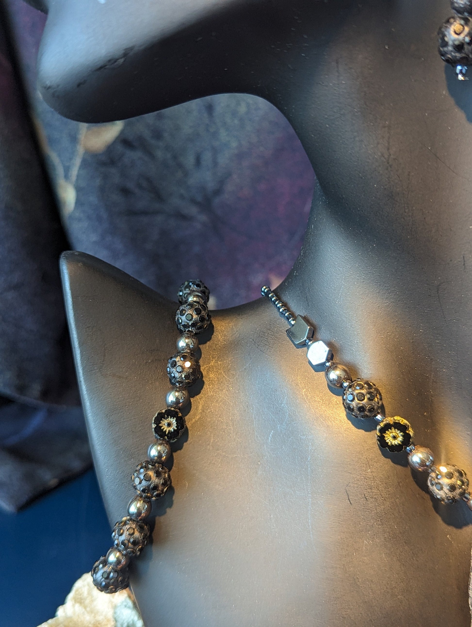 Tourmaline Set: Black Gemstone Necklace with Czech Crystal Flowers Earrings and Bracelet