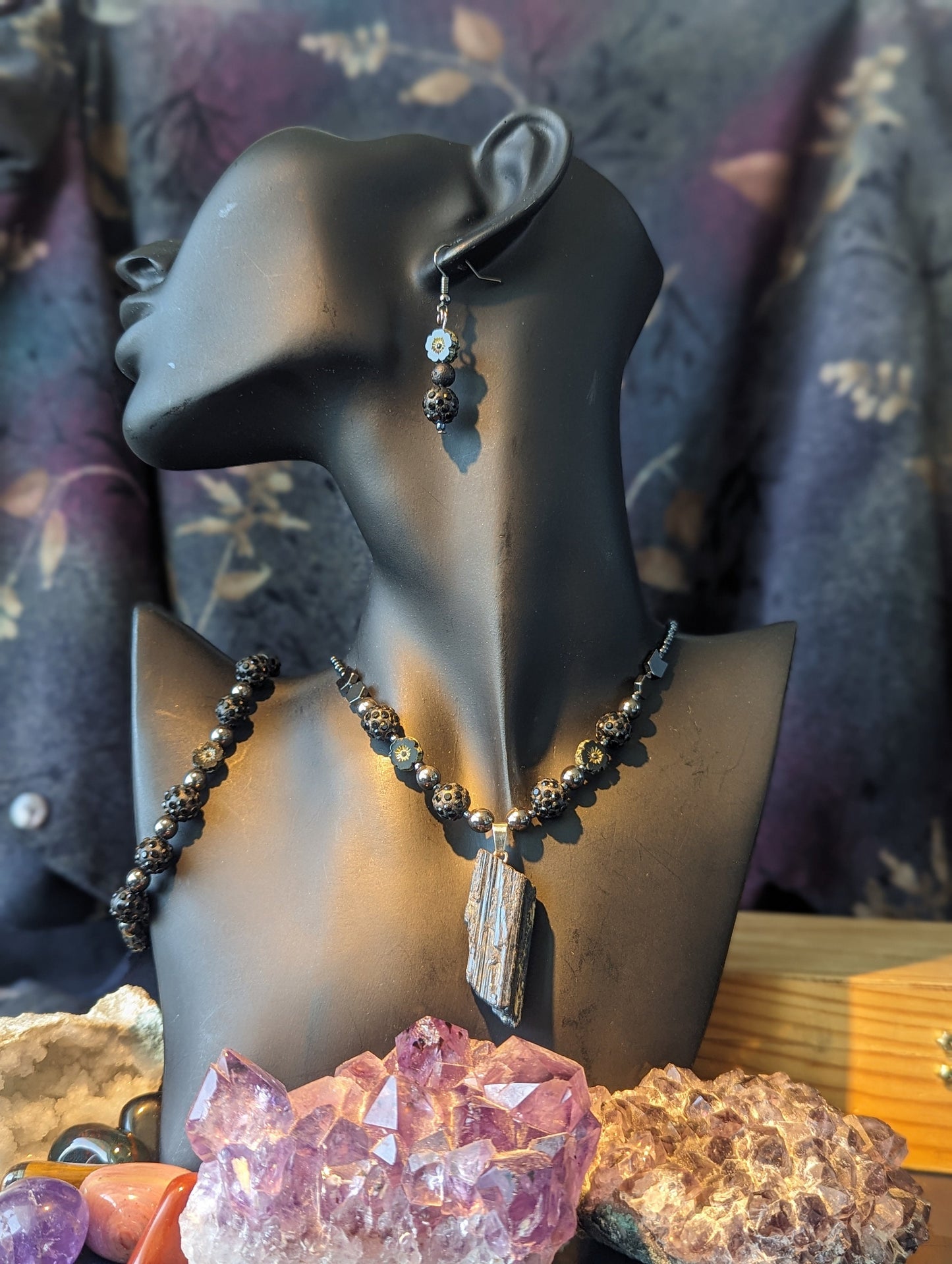 Tourmaline Set: Black Gemstone Necklace with Czech Crystal Flowers Earrings and Bracelet