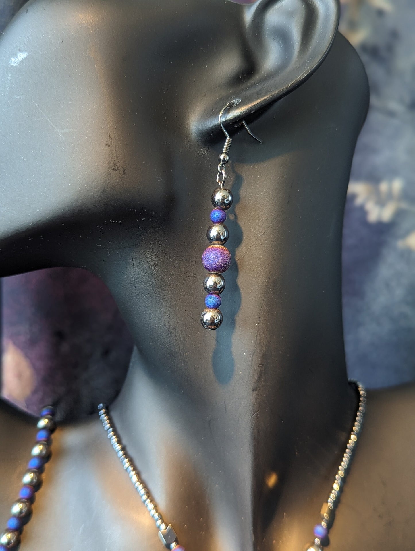 Amethyst Purple White Gemstone Set: with Matte Purple Round Beads and Hematite Styled Beads