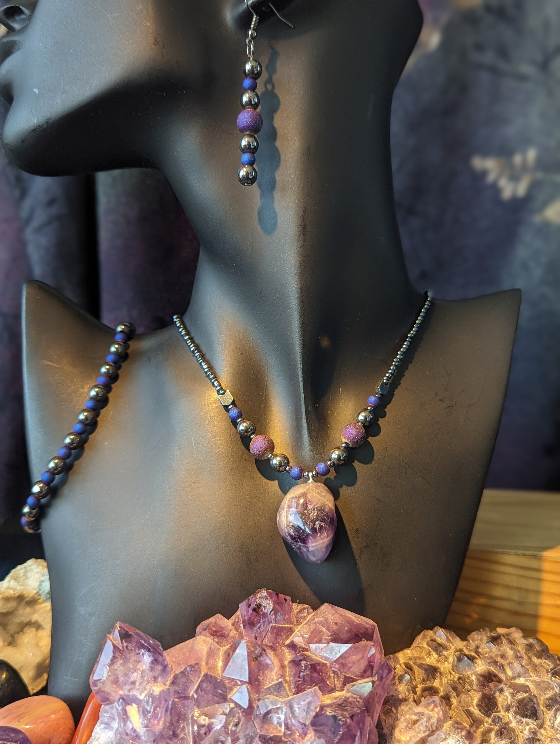 Amethyst Purple White Gemstone Set: with Matte Purple Round Beads and Hematite Styled Beads