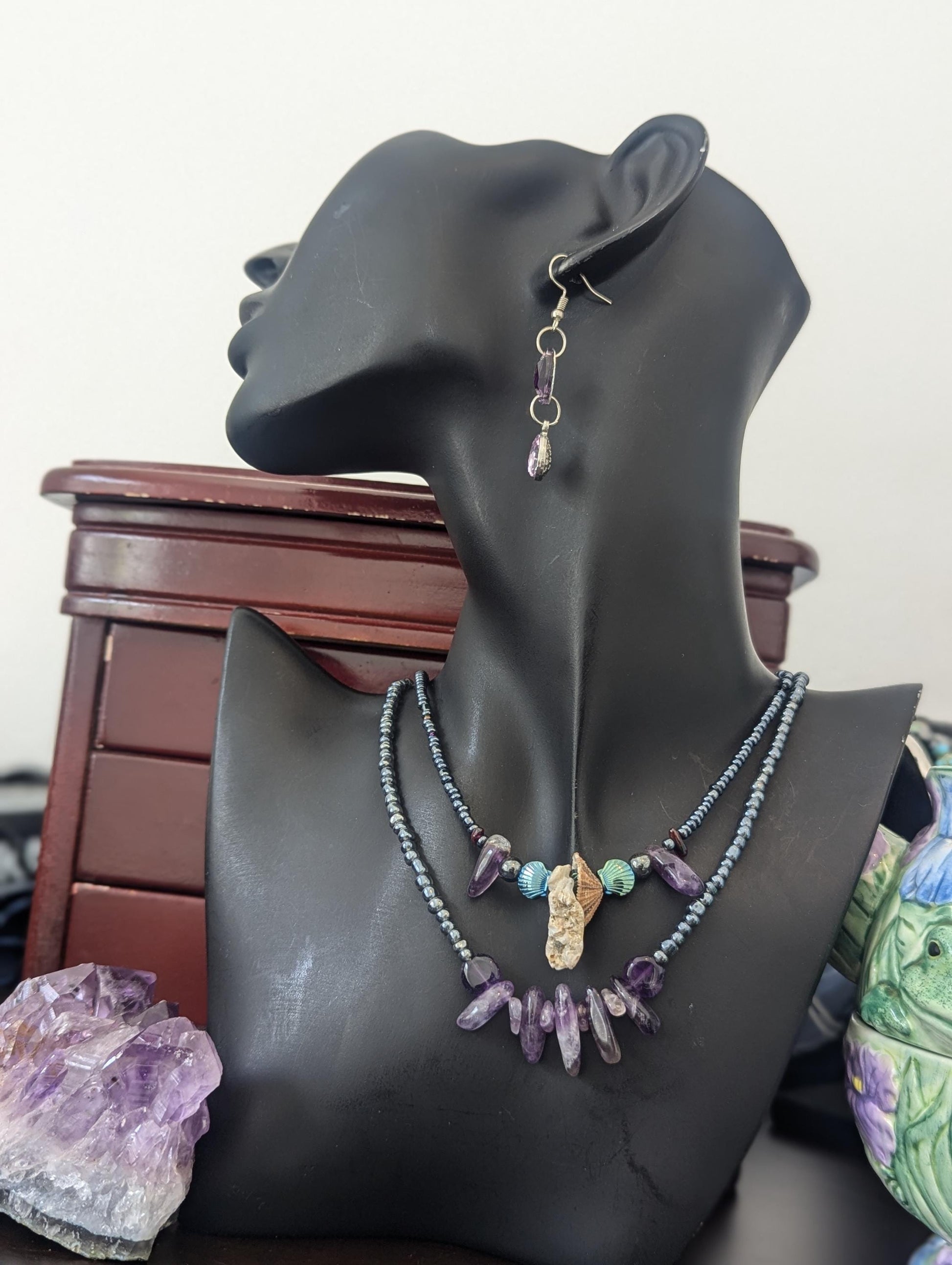 Rakefet! Amethyst Layers 5: Israeli White-Amber Shells, Amethyst Beads, Light Blue Shell Beads, Two Layered Necklaces and Drop Earrings