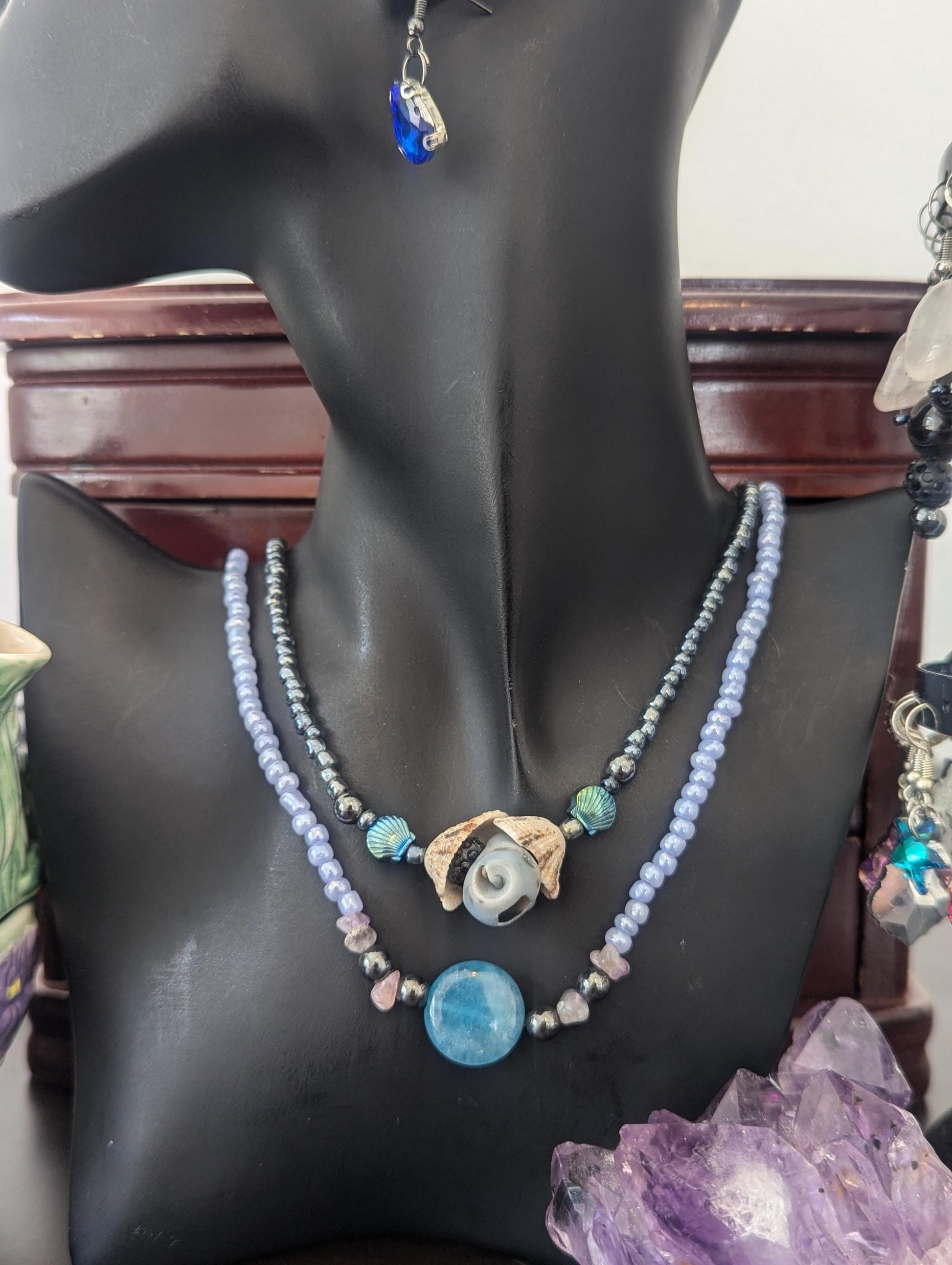 Rakefet! Amethyst Layers 8: Israeli Shells, Amethyst, Blue Agate and Hematite Styled Beads, Two Layered Necklaces with Blue Drop Earrings