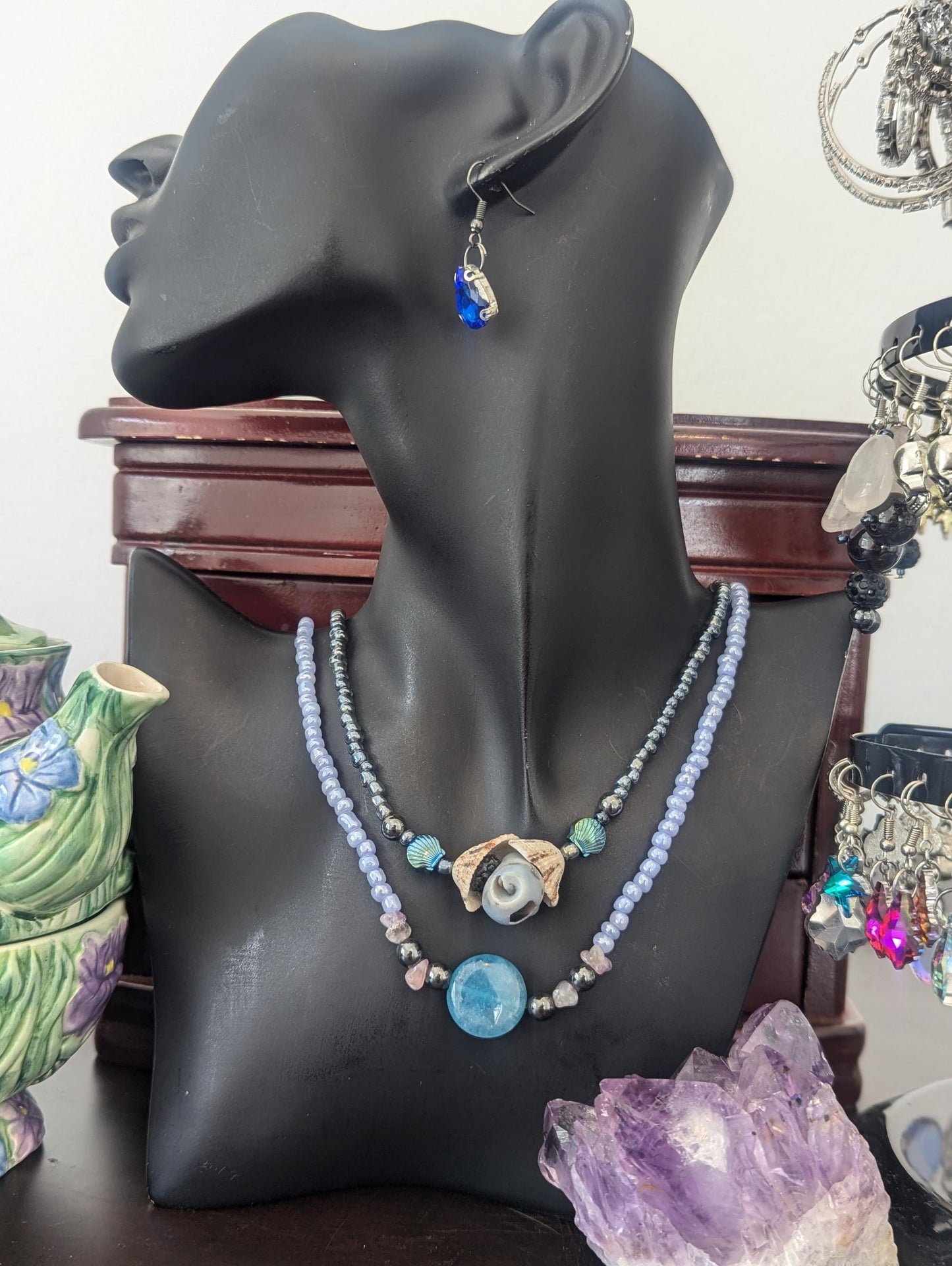 Rakefet! Amethyst Layers 8: Israeli Shells, Amethyst, Blue Agate and Hematite Styled Beads, Two Layered Necklaces with Blue Drop Earrings