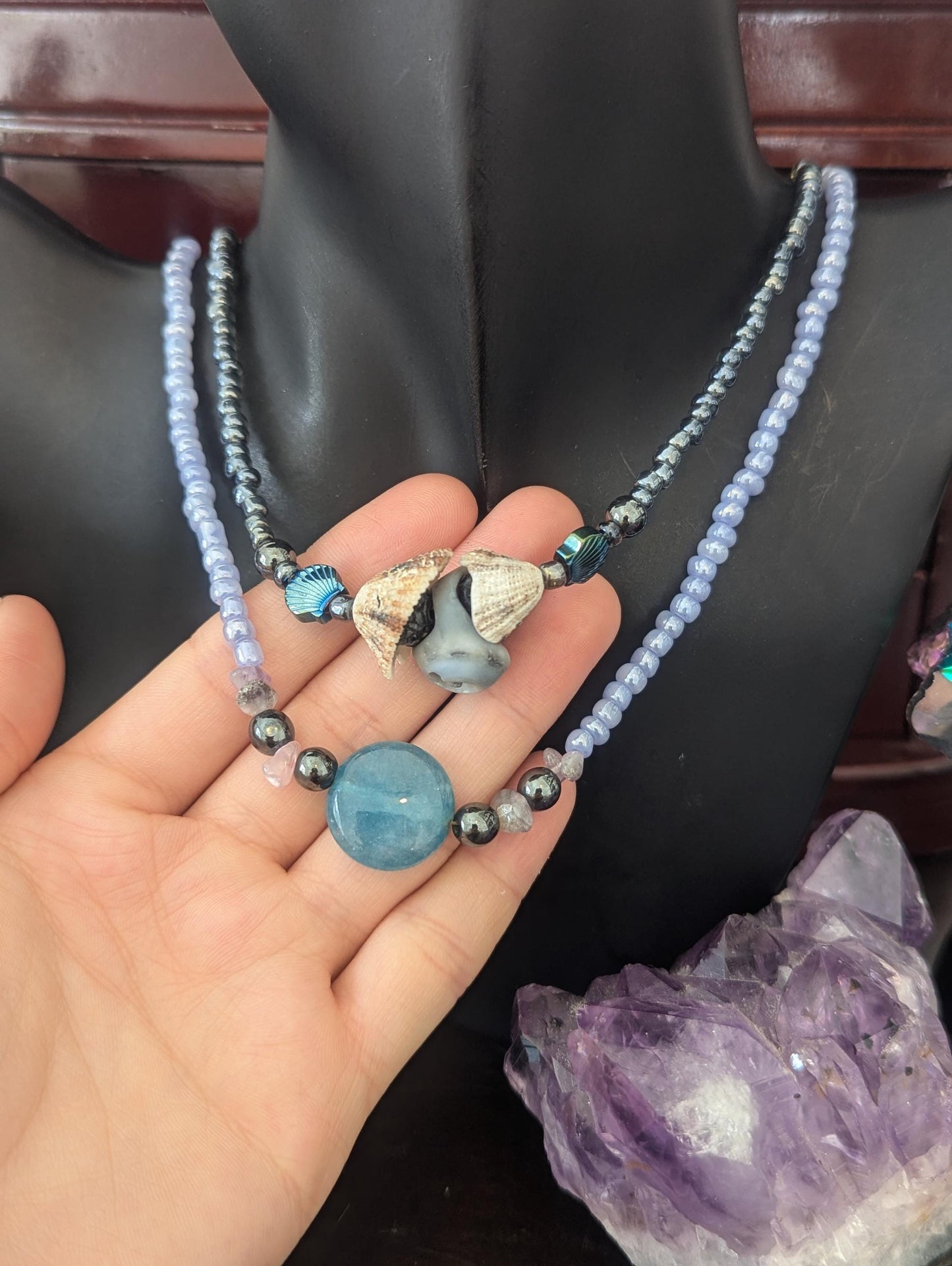 Rakefet! Amethyst Layers 8: Israeli Shells, Amethyst, Blue Agate and Hematite Styled Beads, Two Layered Necklaces with Blue Drop Earrings