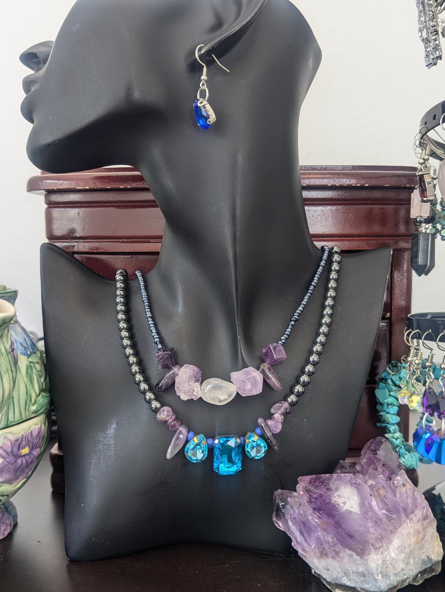 Rakefet! Amethyst Layers 9: Israeli Shell, Amethyst and Hematite Styled Beads, Rectangular Light Blue Pendant and Drop Pendants