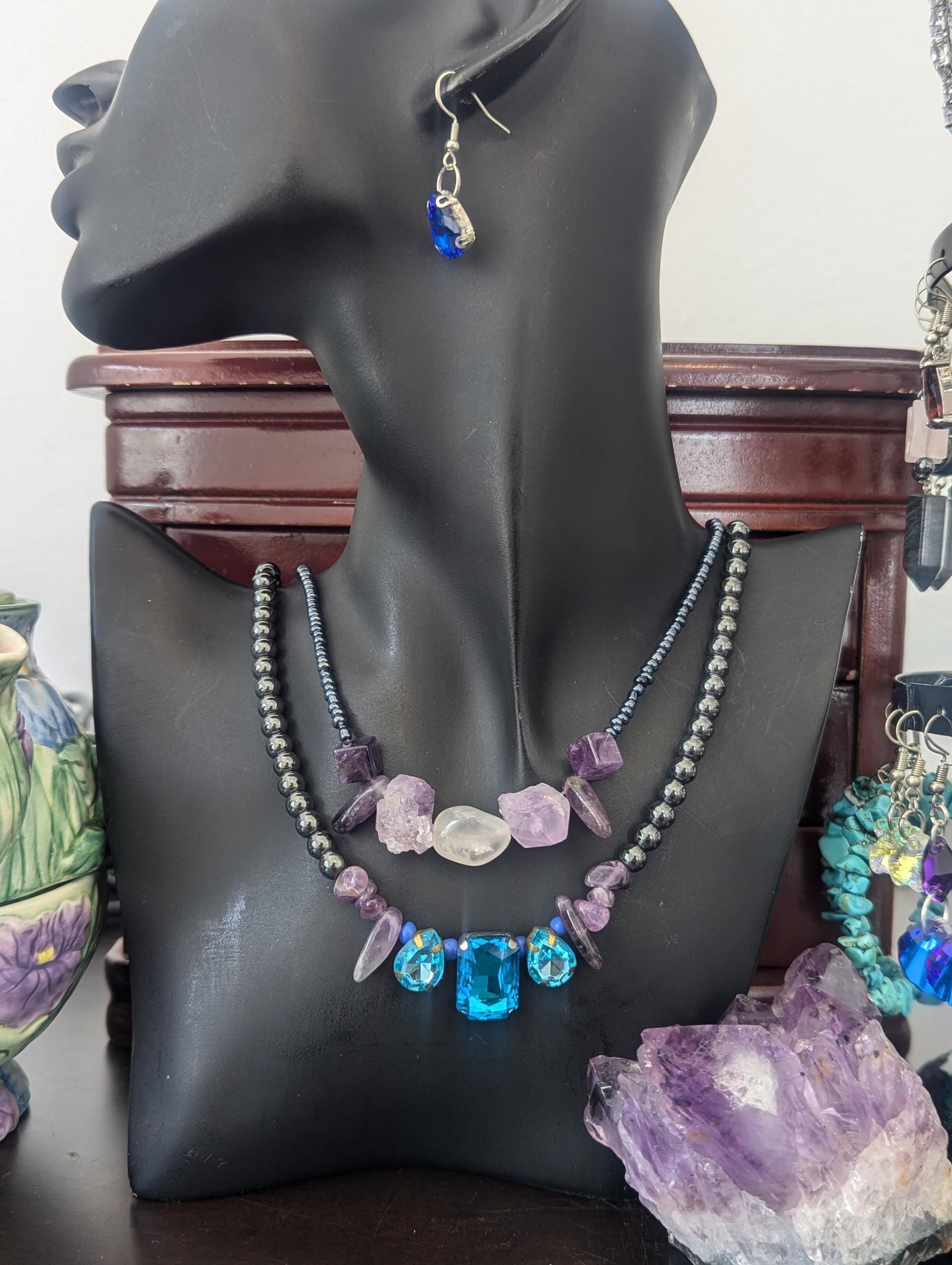 Rakefet! Amethyst Layers 9: Israeli Shell, Amethyst and Hematite Styled Beads, Rectangular Light Blue Pendant and Drop Pendants