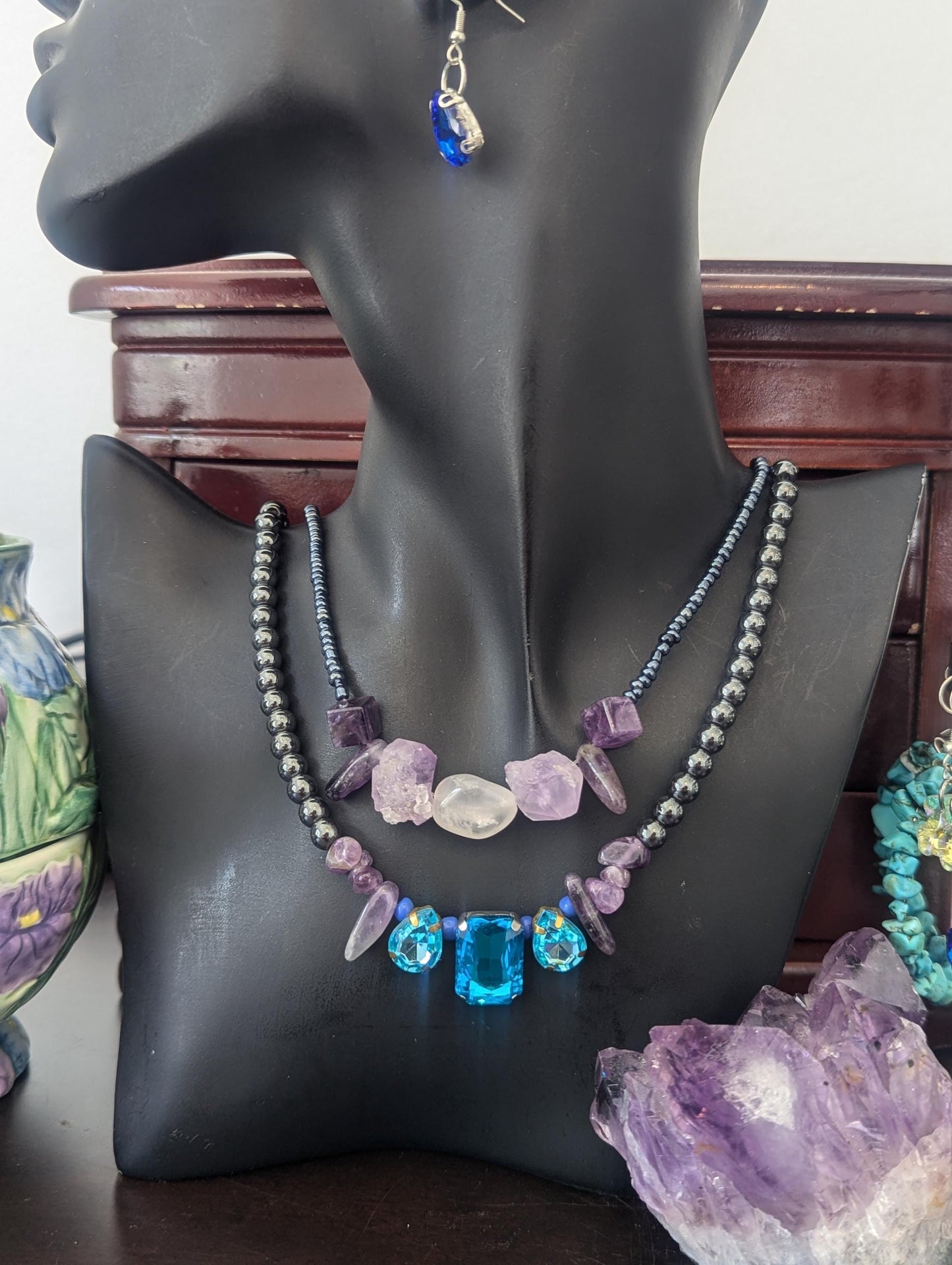 Rakefet! Amethyst Layers 9: Israeli Shell, Amethyst and Hematite Styled Beads, Rectangular Light Blue Pendant and Drop Pendants