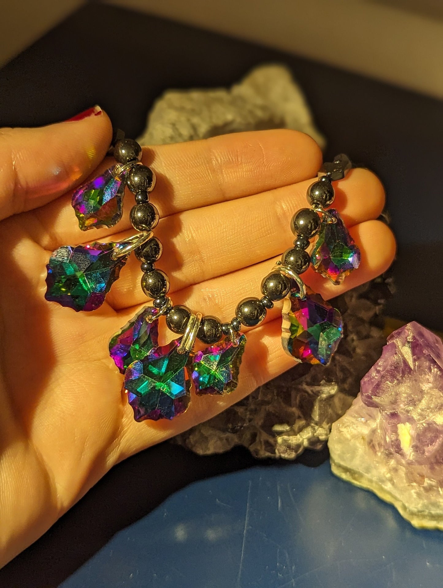 Purple Green Baroque Pendants and Hematite styled Beaded Necklace and fitting Earrings with Amethyst Tube Beaded Bracelet