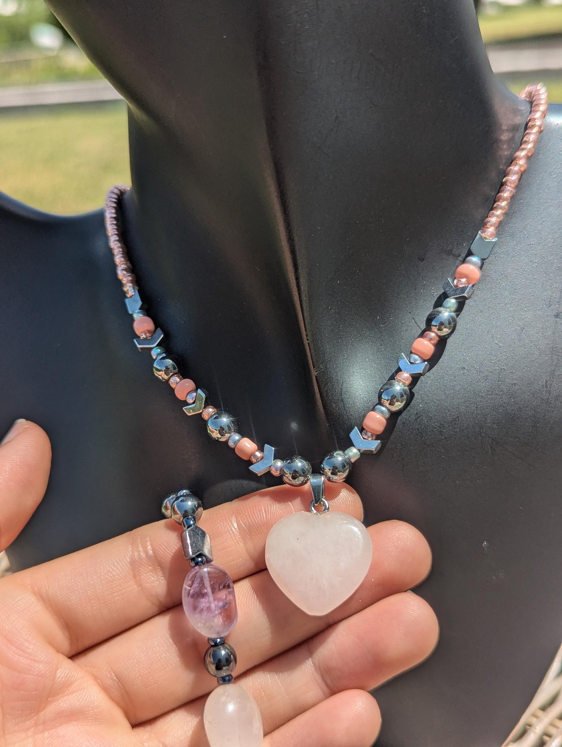 Rose Quartz Heart Set: with Rose Quartz light pink heart pendant and earrings, Amethyst and Rose Quartz beaded bracelet