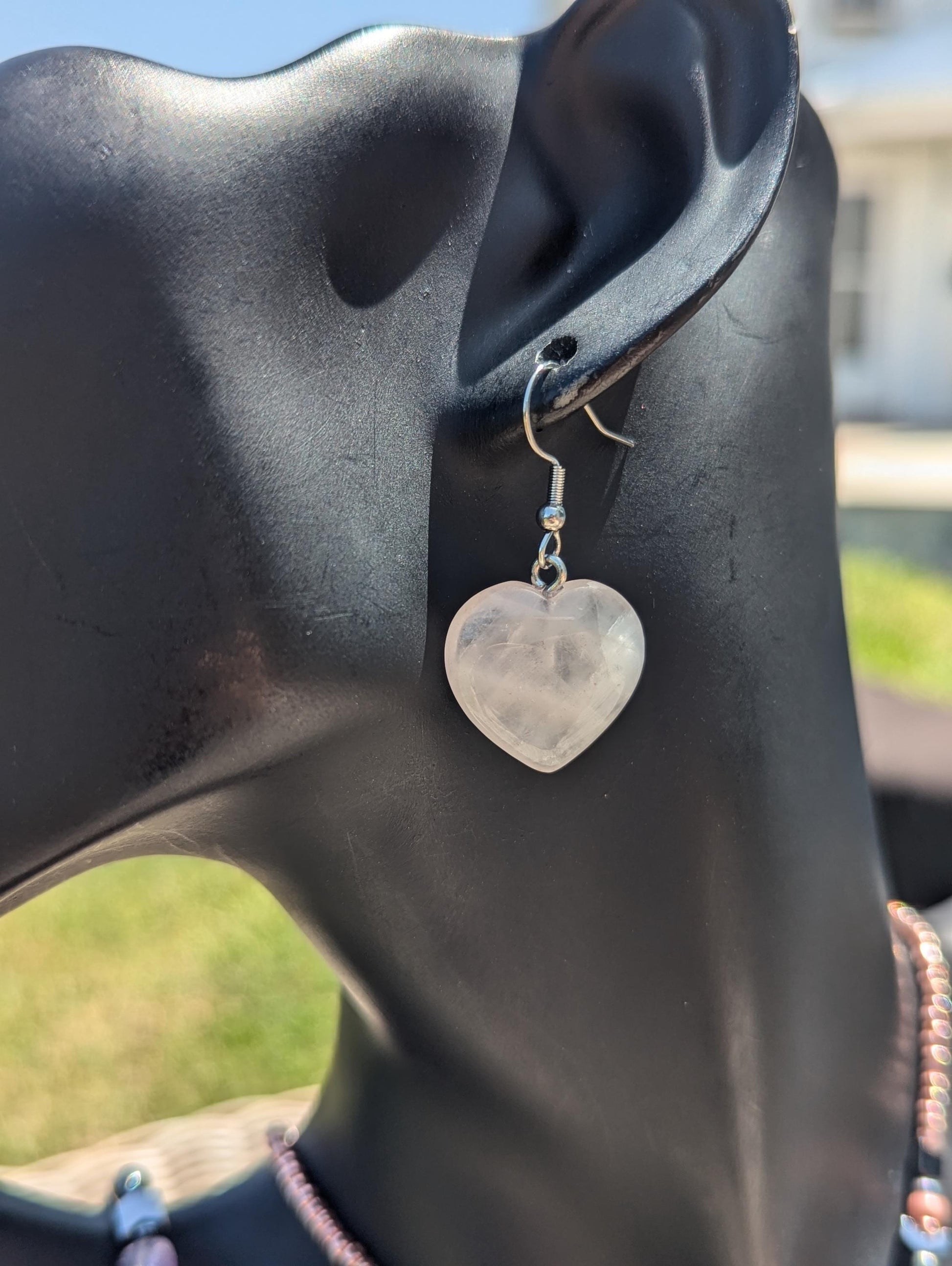 Rose Quartz Heart Set: with Rose Quartz light pink heart pendant and earrings, Amethyst and Rose Quartz beaded bracelet