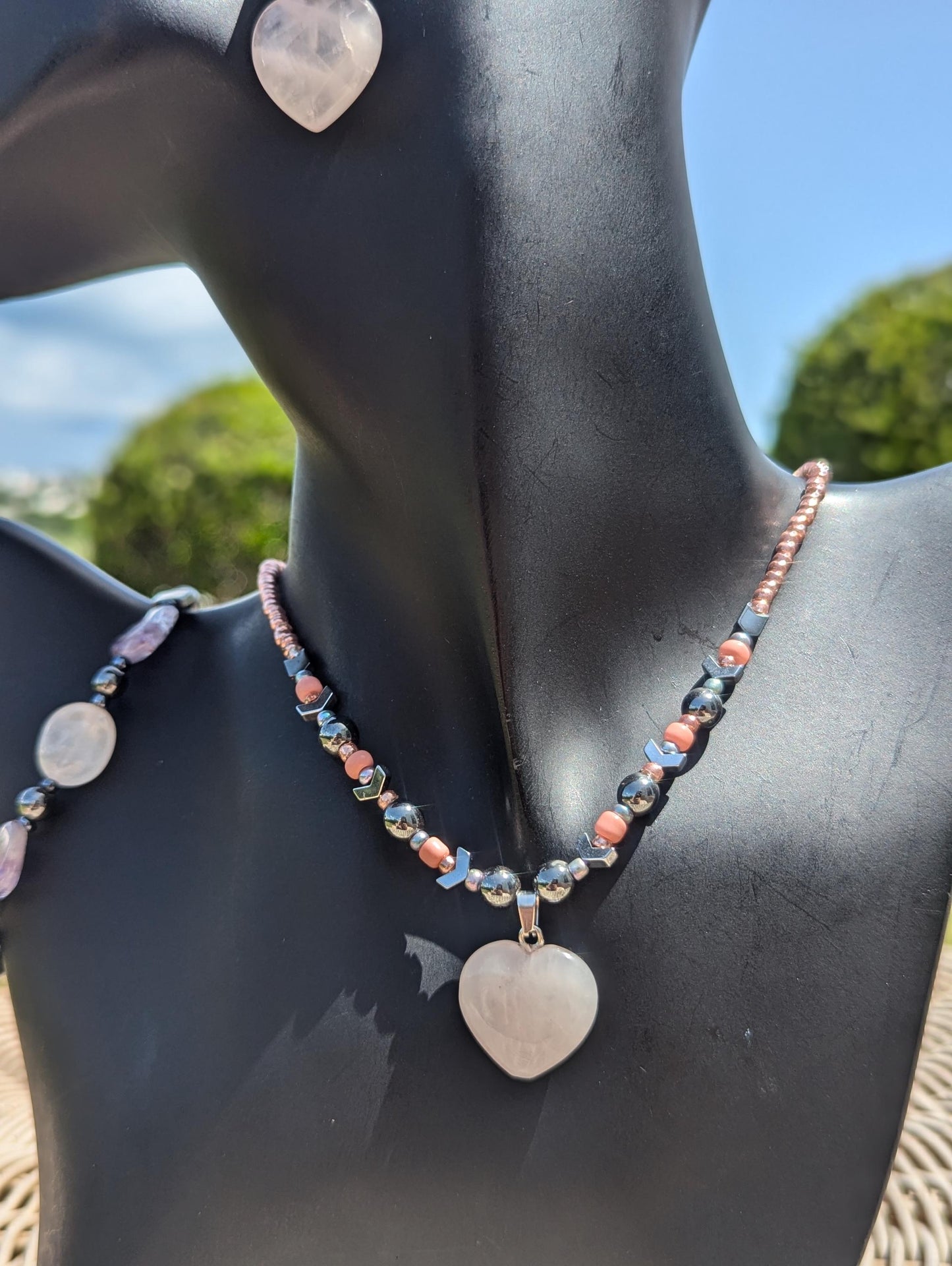 Rose Quartz Heart Set: with Rose Quartz light pink heart pendant and earrings, Amethyst and Rose Quartz beaded bracelet