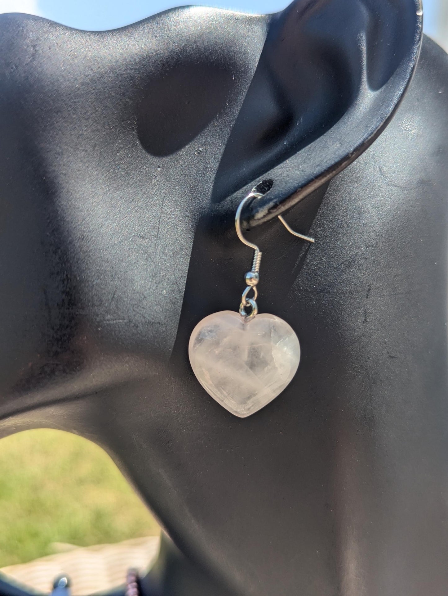 Rose Quartz Heart Set: with Rose Quartz light pink heart pendant and earrings, Amethyst and Rose Quartz beaded bracelet