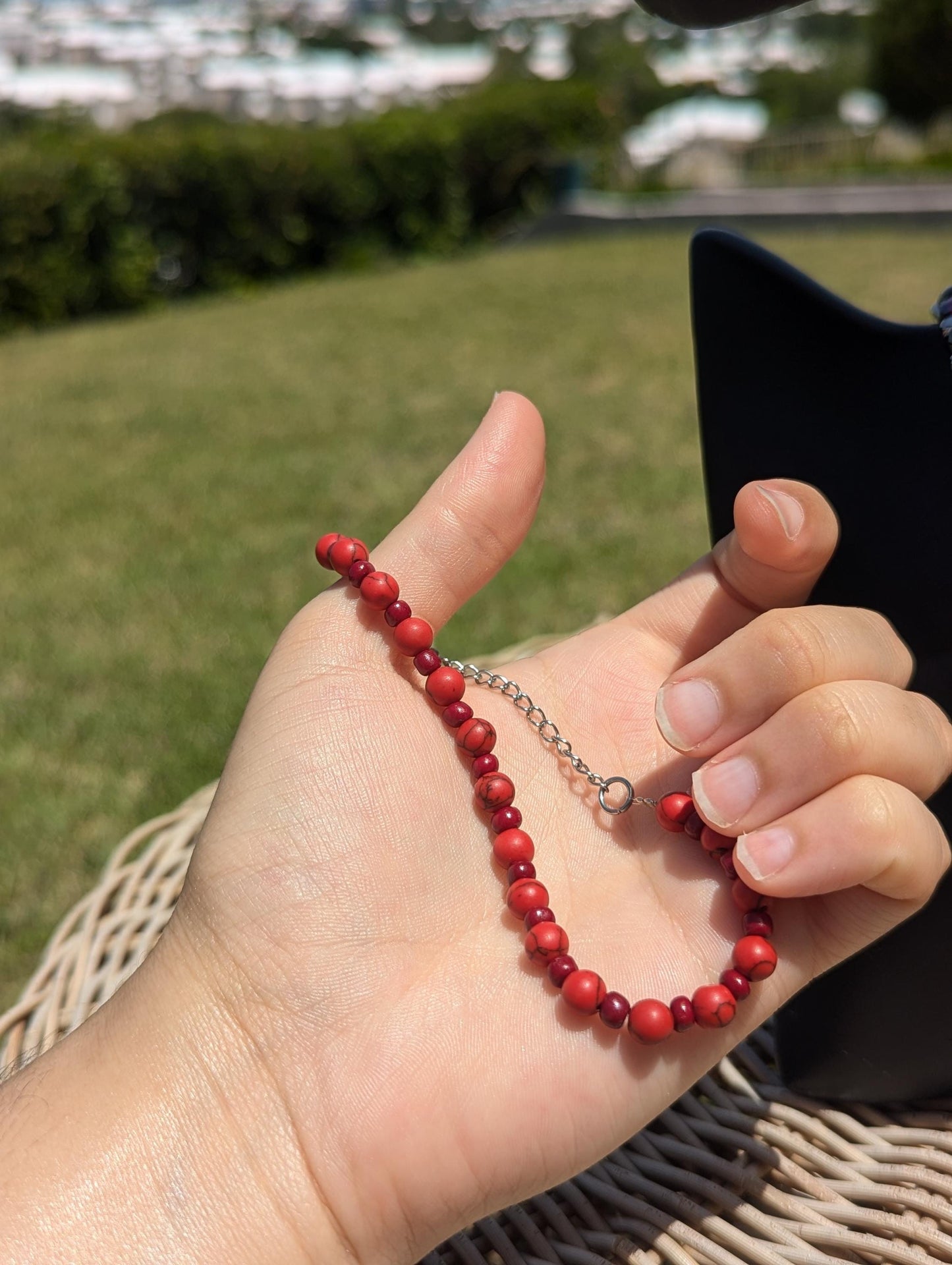 FANTASY WORLD Loveable Ghost Set: with silver ghost holding a red heart, beaded silver red necklace, crescent moon earrings and red bracelet