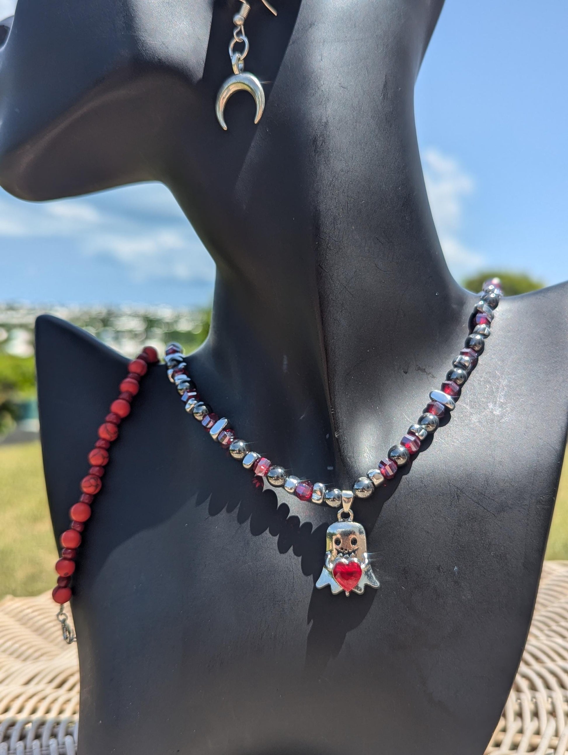 FANTASY WORLD Loveable Ghost Set: with silver ghost holding a red heart, beaded silver red necklace, crescent moon earrings and red bracelet