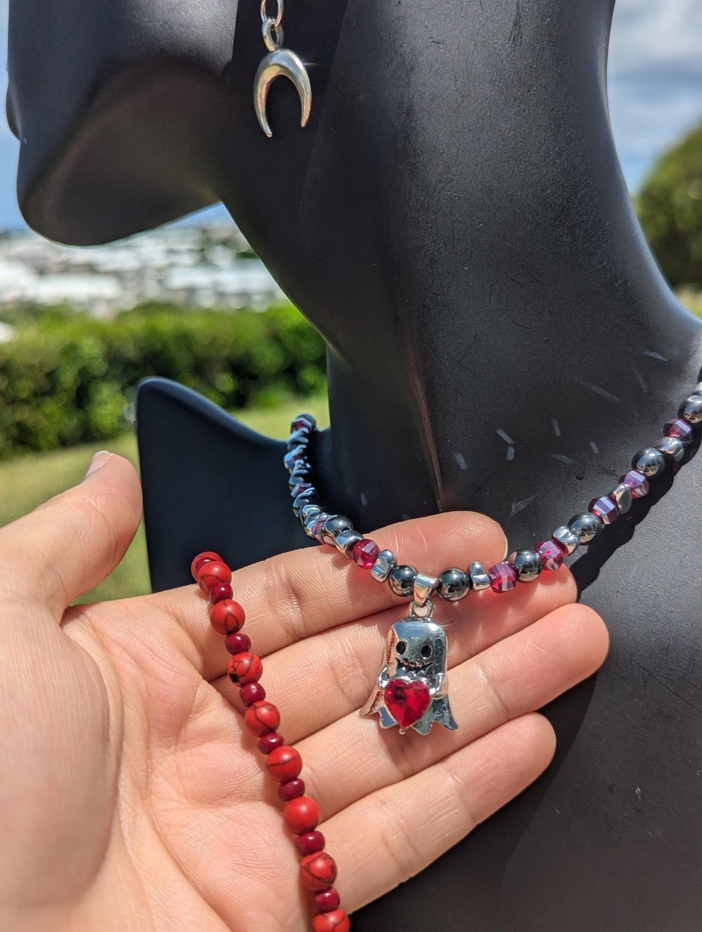 FANTASY WORLD Loveable Ghost Set: with silver ghost holding a red heart, beaded silver red necklace, crescent moon earrings and red bracelet