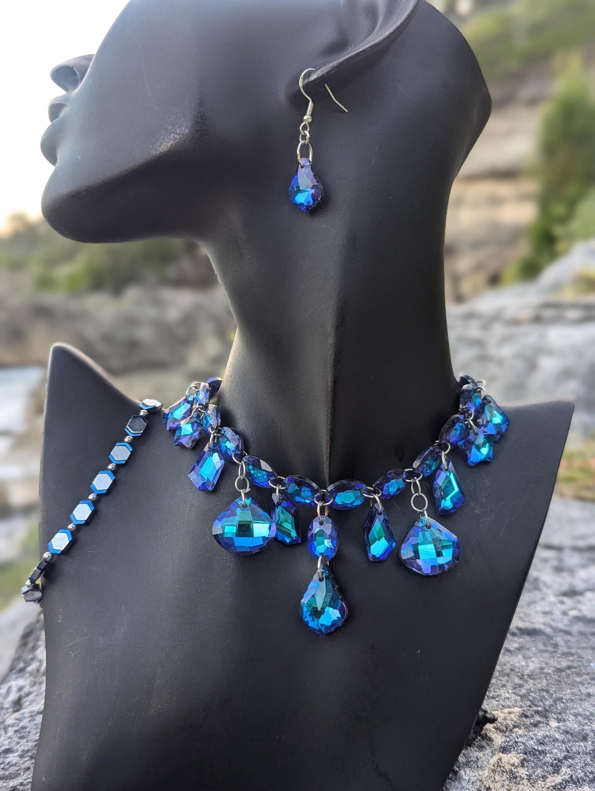 Blue Nights Composition: Royal Blue Glass Baroque, Oval, Star, Triangle, Rhombic Pendants, Silver Moon Star Earrings, Purple Beaded Bracelet