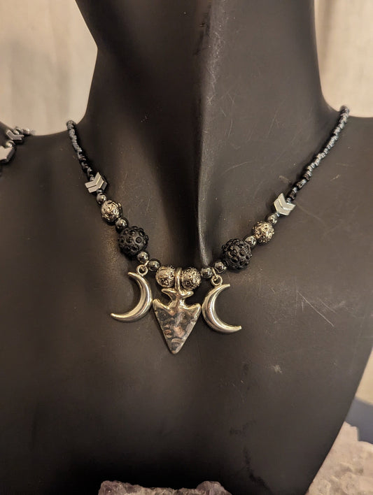 Unisex Tribal Silver Spearhead and Silver Crescent Moons Set