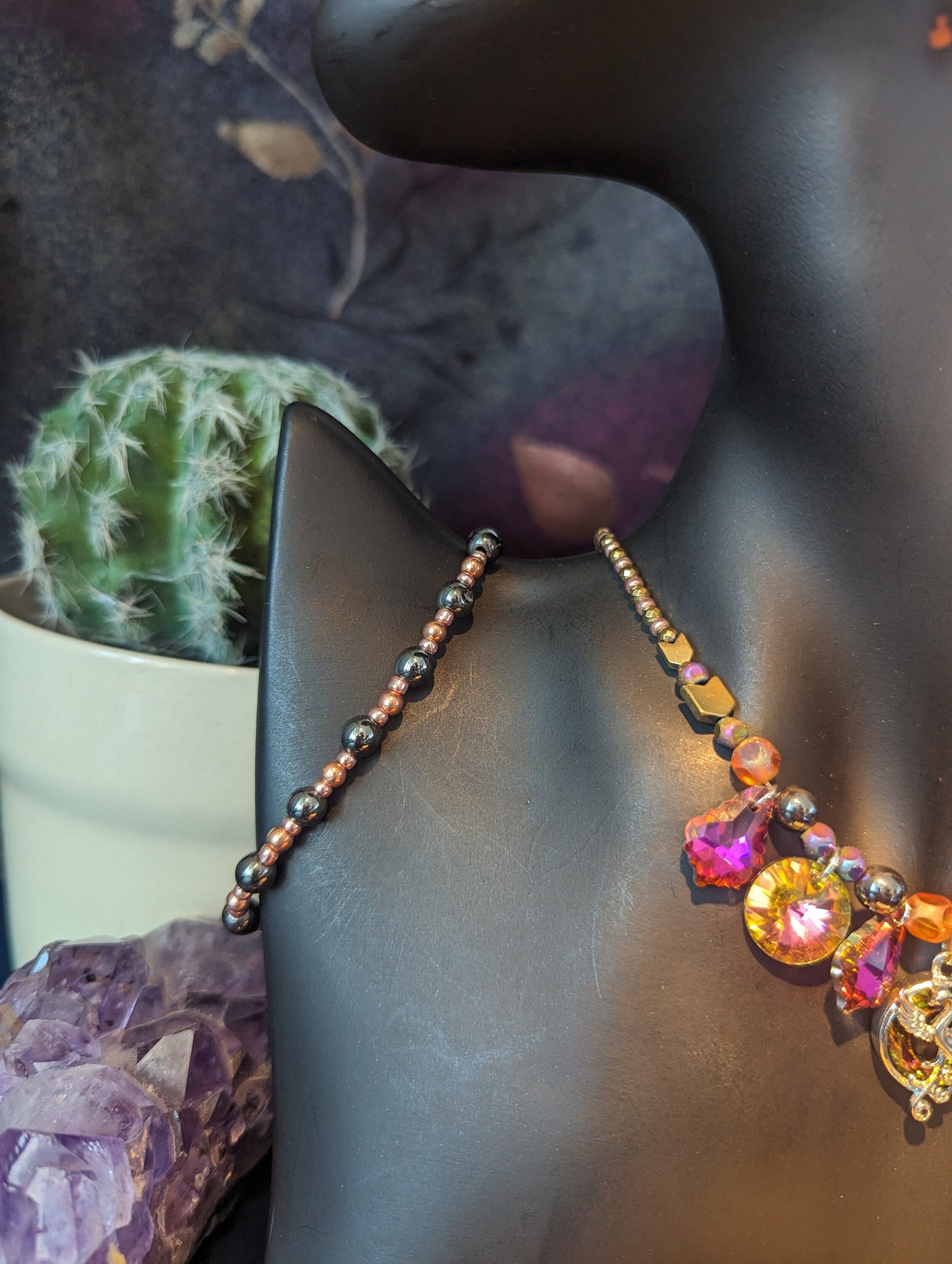 Fire Phoenix Set: with Phoenix Silver Hot Pink Pendant, Round and Baroque Orange Pink Glass Pendants and Rose Golden Hematite Styled Beads