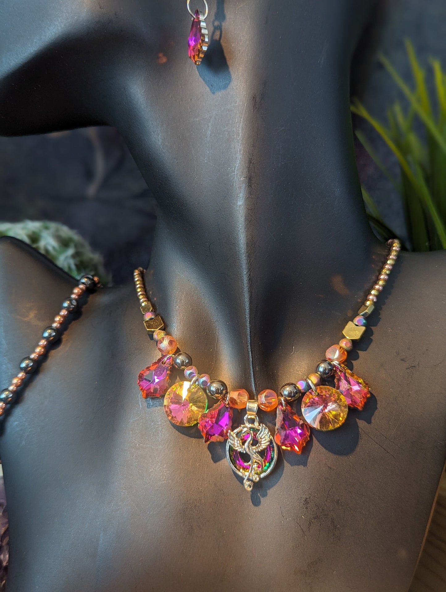 Fire Phoenix Set: with Phoenix Silver Hot Pink Pendant, Round and Baroque Orange Pink Glass Pendants and Rose Golden Hematite Styled Beads