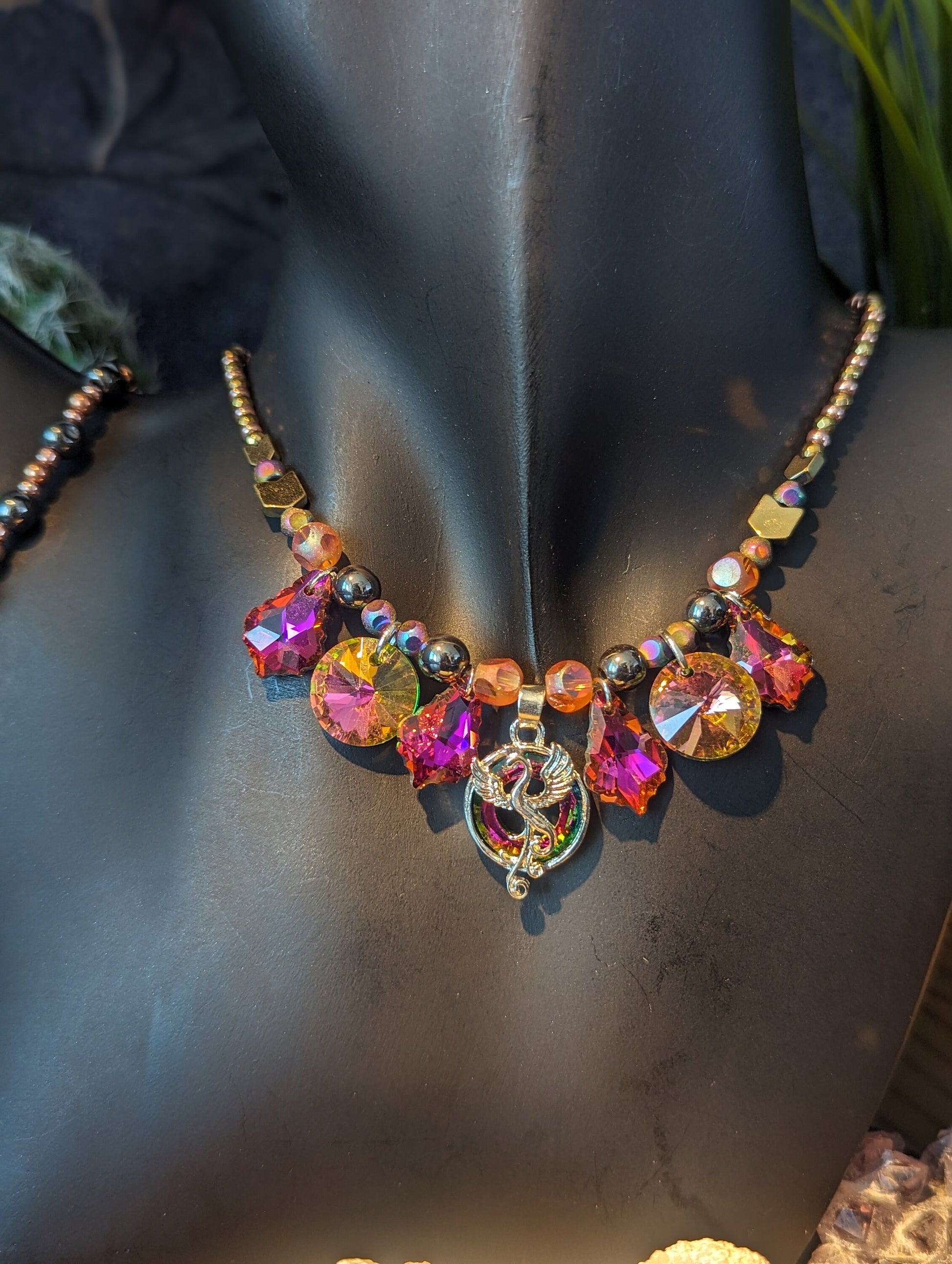 Fire Phoenix Set: with Phoenix Silver Hot Pink Pendant, Round and Baroque Orange Pink Glass Pendants and Rose Golden Hematite Styled Beads