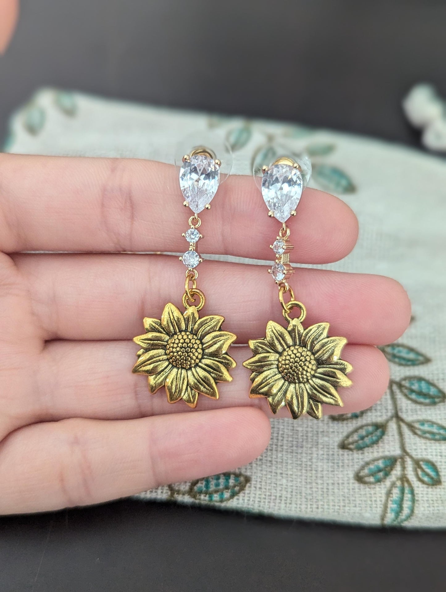 ISRAEL: Sunflower Zircon Earrings, choice of gold or silver