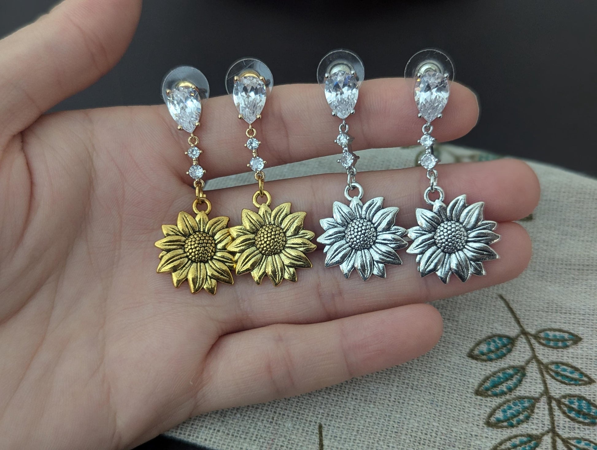 ISRAEL: Sunflower Zircon Earrings, choice of gold or silver