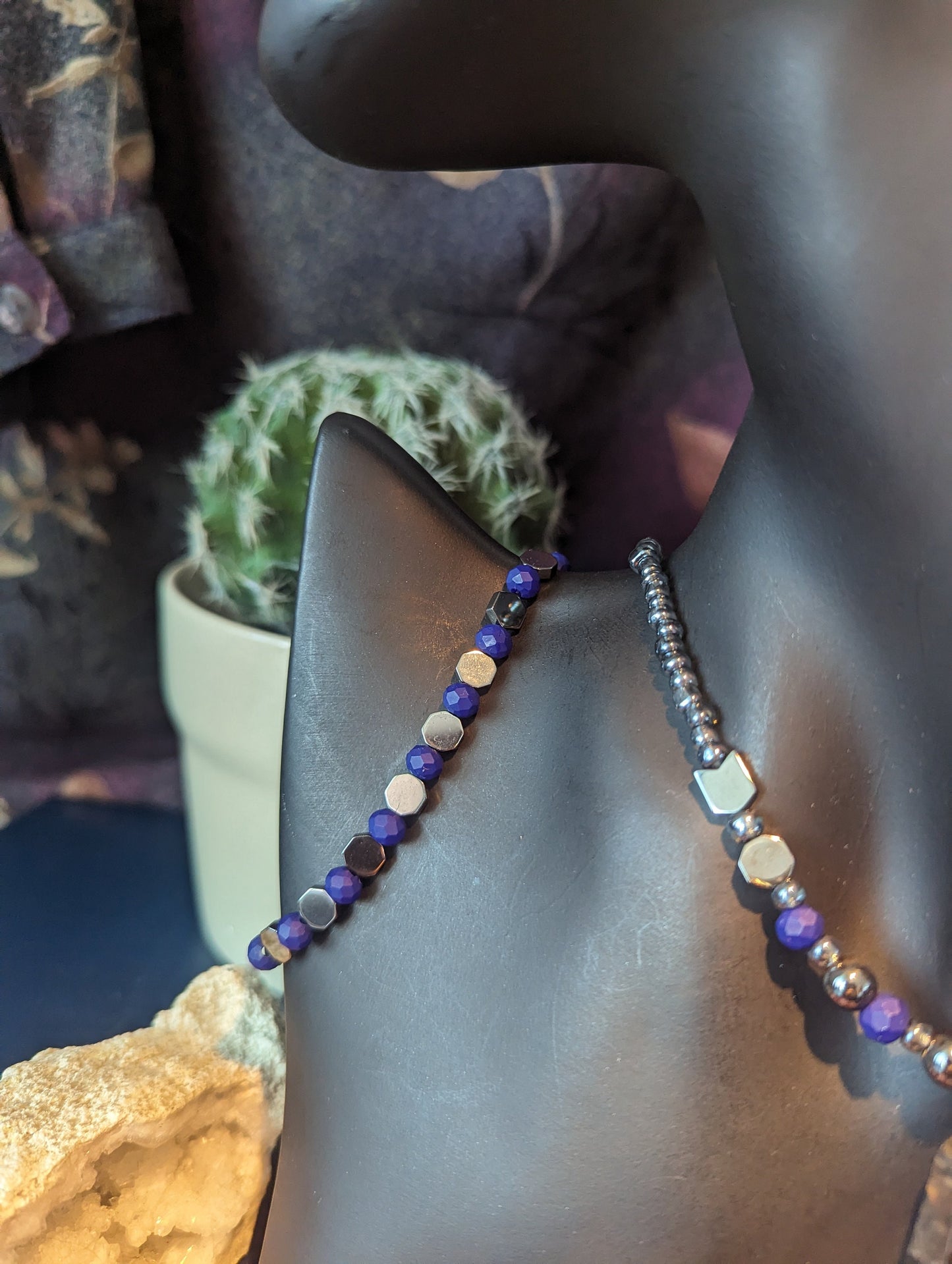 Storm Set: Resin Grey Pillar Pendant, Blue Purple Geometric Beads and Grey Glass Beaded Necklace with Fitting Bracelet and Resin Earrings