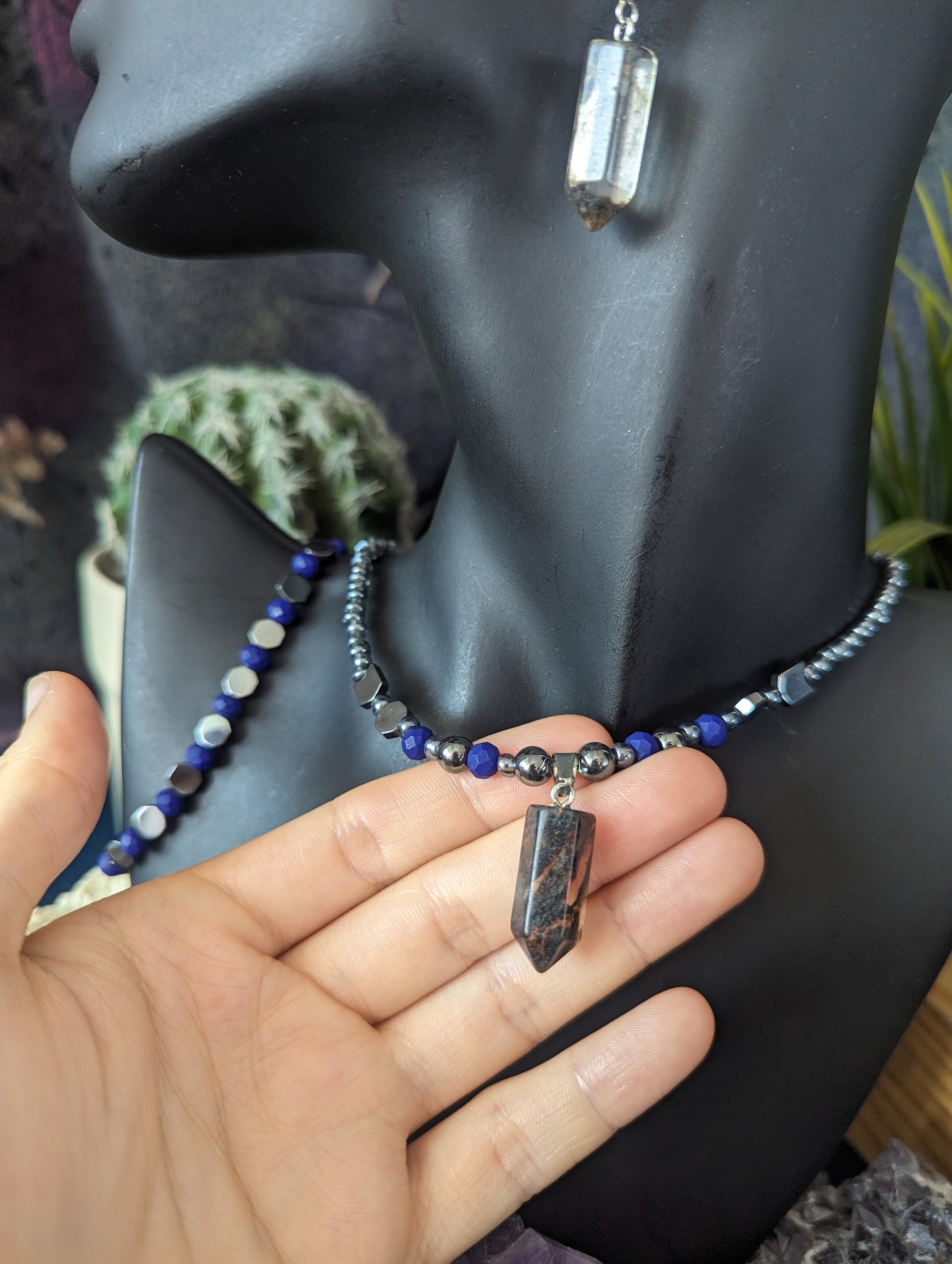 Storm Set: Resin Grey Pillar Pendant, Blue Purple Geometric Beads and Grey Glass Beaded Necklace with Fitting Bracelet and Resin Earrings