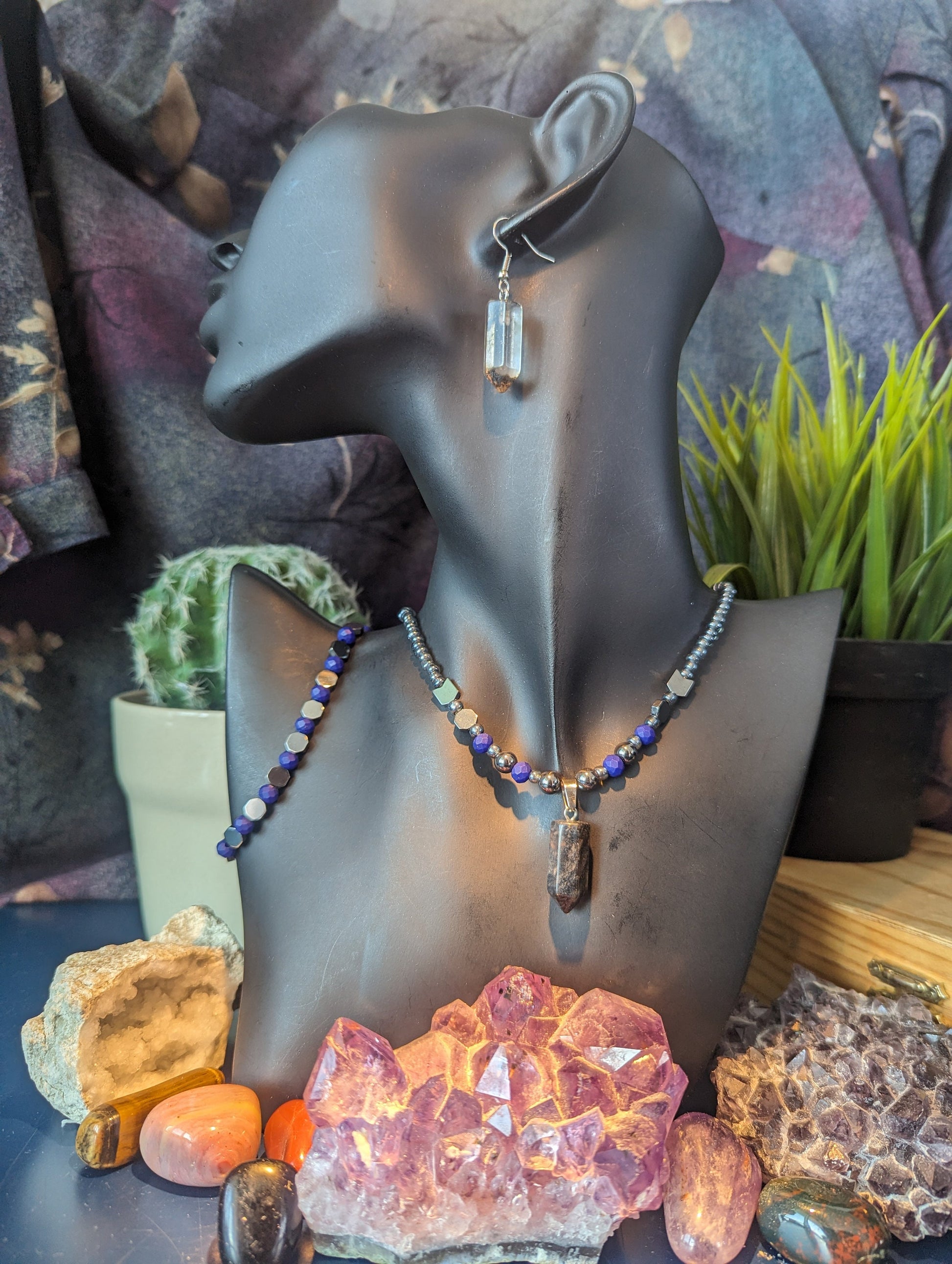 Storm Set: Resin Grey Pillar Pendant, Blue Purple Geometric Beads and Grey Glass Beaded Necklace with Fitting Bracelet and Resin Earrings