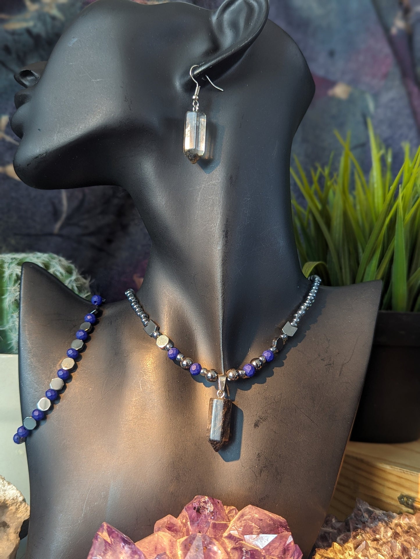 Storm Set: Resin Grey Pillar Pendant, Blue Purple Geometric Beads and Grey Glass Beaded Necklace with Fitting Bracelet and Resin Earrings