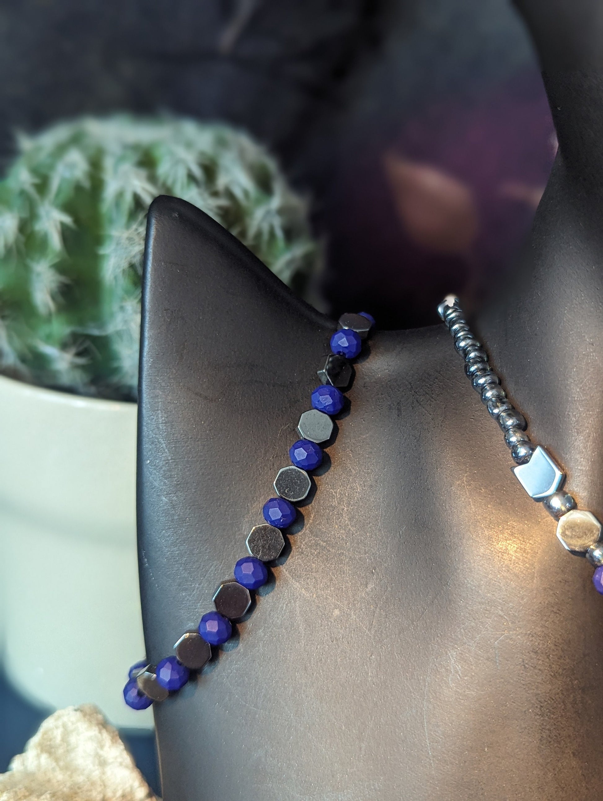 Storm Set: Resin Grey Pillar Pendant, Blue Purple Geometric Beads and Grey Glass Beaded Necklace with Fitting Bracelet and Resin Earrings