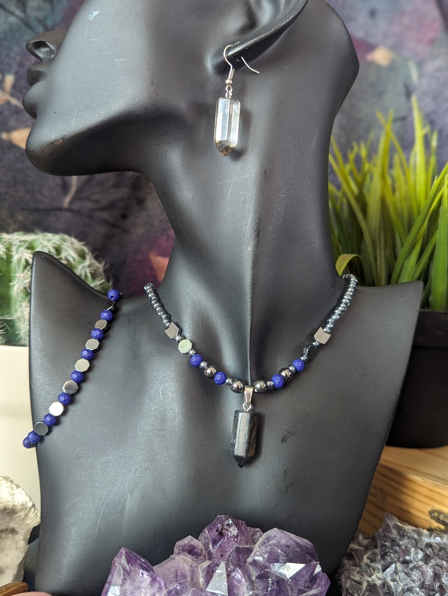 Storm Set: Resin Grey Pillar Pendant, Blue Purple Geometric Beads and Grey Glass Beaded Necklace with Fitting Bracelet and Resin Earrings