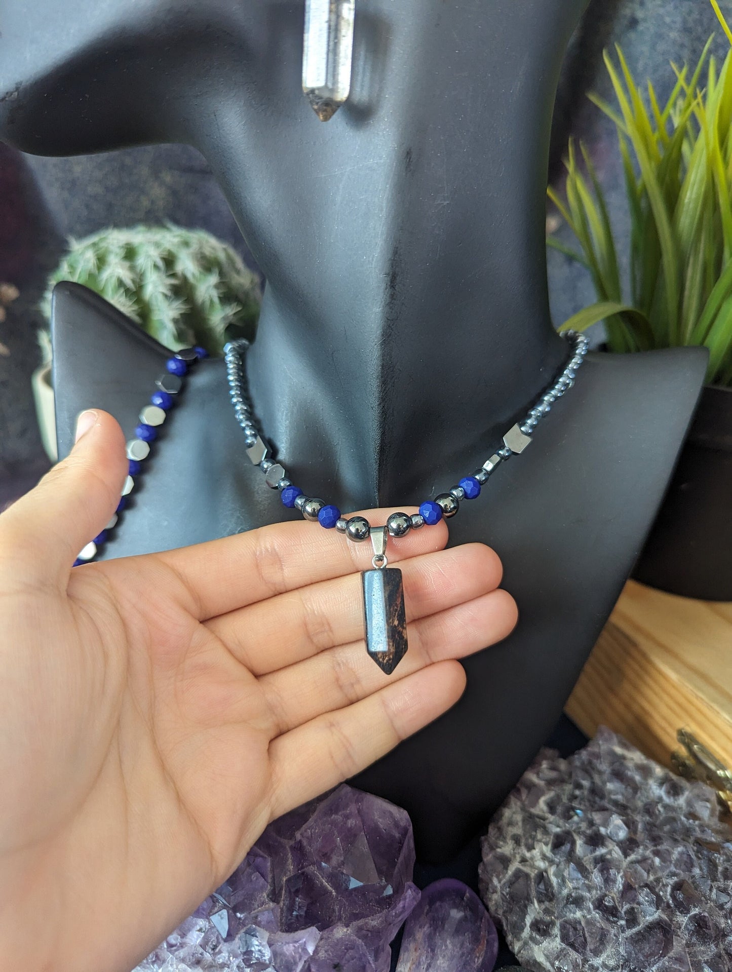 Storm Set: Resin Grey Pillar Pendant, Blue Purple Geometric Beads and Grey Glass Beaded Necklace with Fitting Bracelet and Resin Earrings