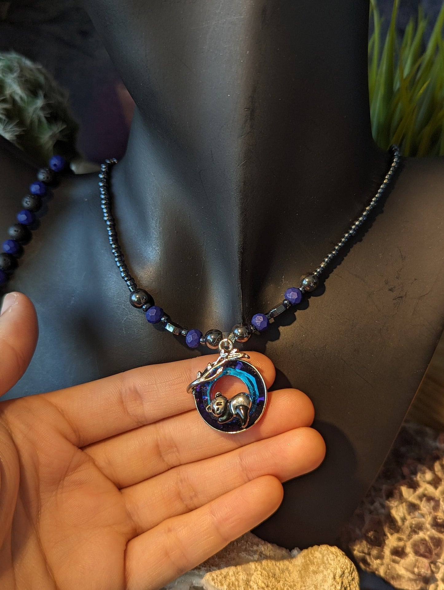 Sleepy Panda Set: Silver Panda Sleeping on a Tree Branch, Metals on a Round Blue Faceted Glass Pendant. Blue Earrings and Beaded Bracelet