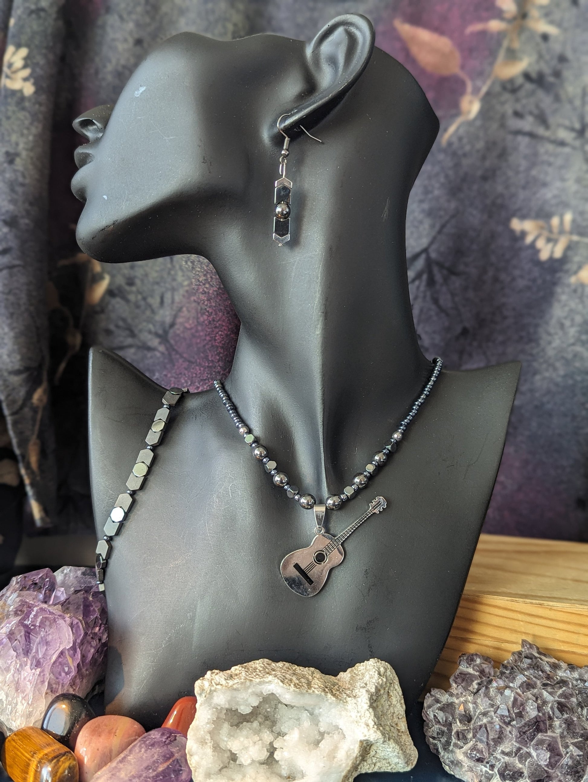 Silver Guitar Set: Silver Metallic Guitar Pendant, on a Silver Hematite Styled Beaded Necklace with Fitting Bracelet and Earrings