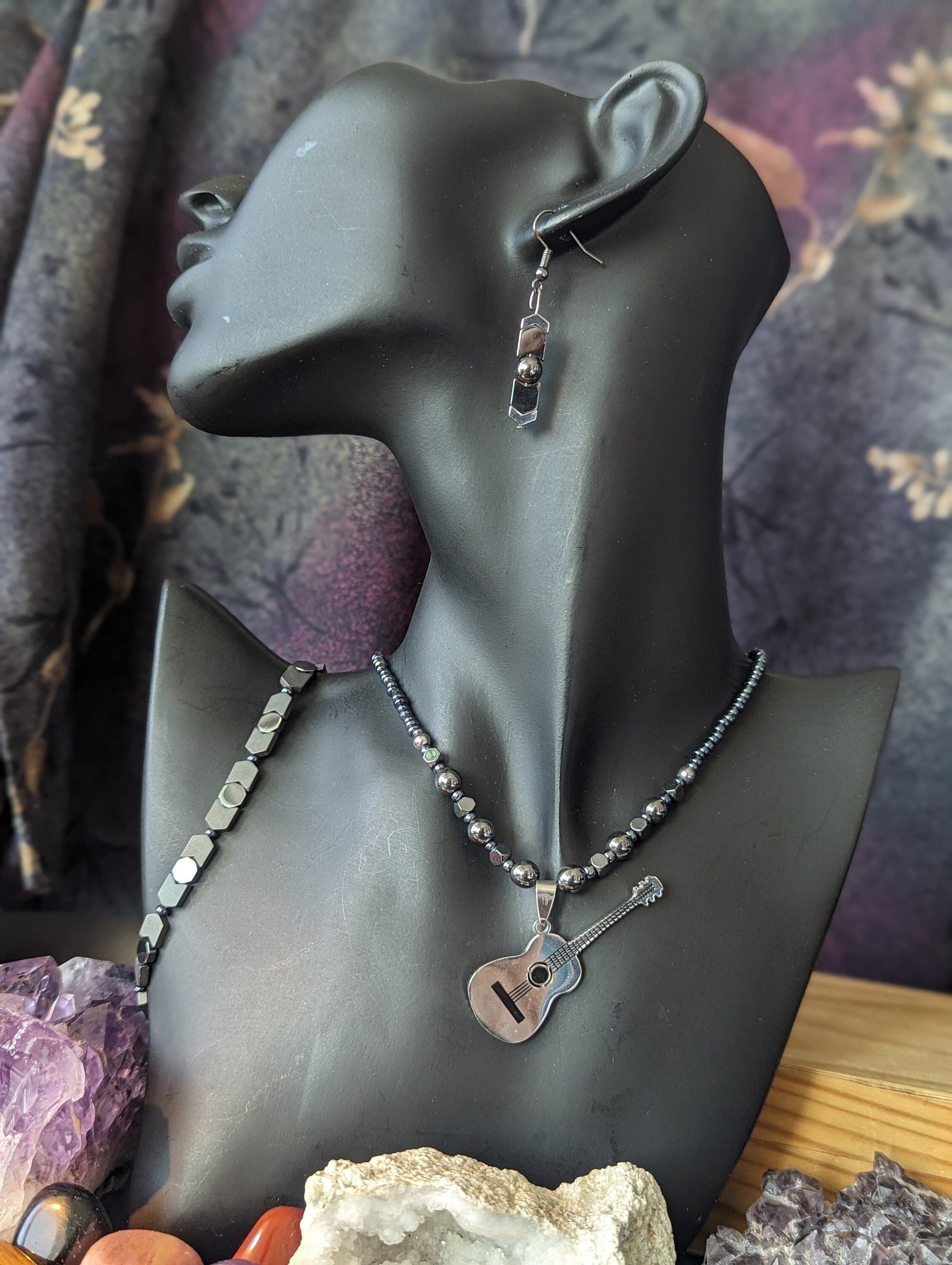 Silver Guitar Set: Silver Metallic Guitar Pendant, on a Silver Hematite Styled Beaded Necklace with Fitting Bracelet and Earrings