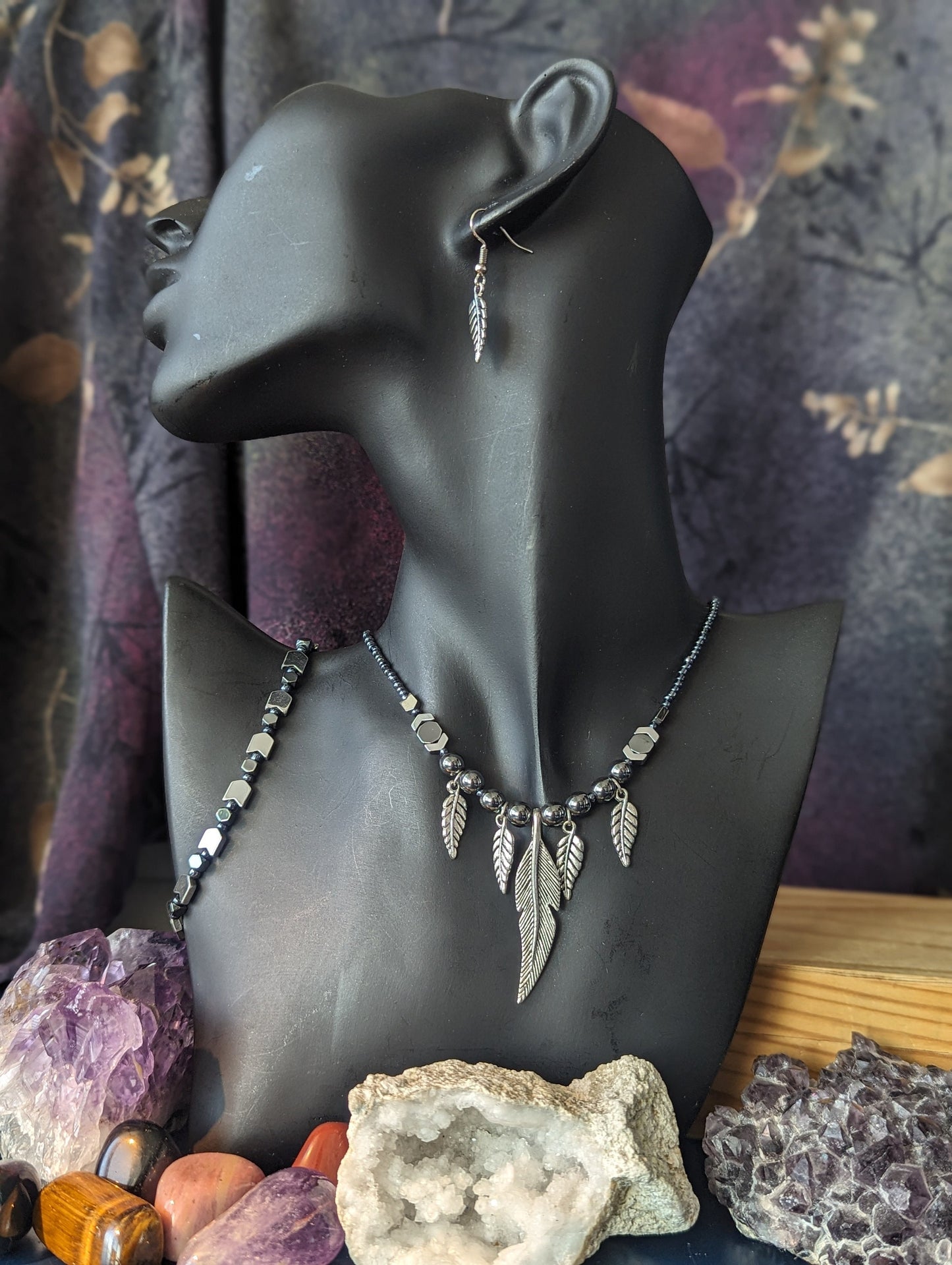 AMERICA East Coast. Tribal Feathers Set. Silver Feather Pendants on a Silver Hematite Styled Beaded Necklace with Bracelet and Earrings