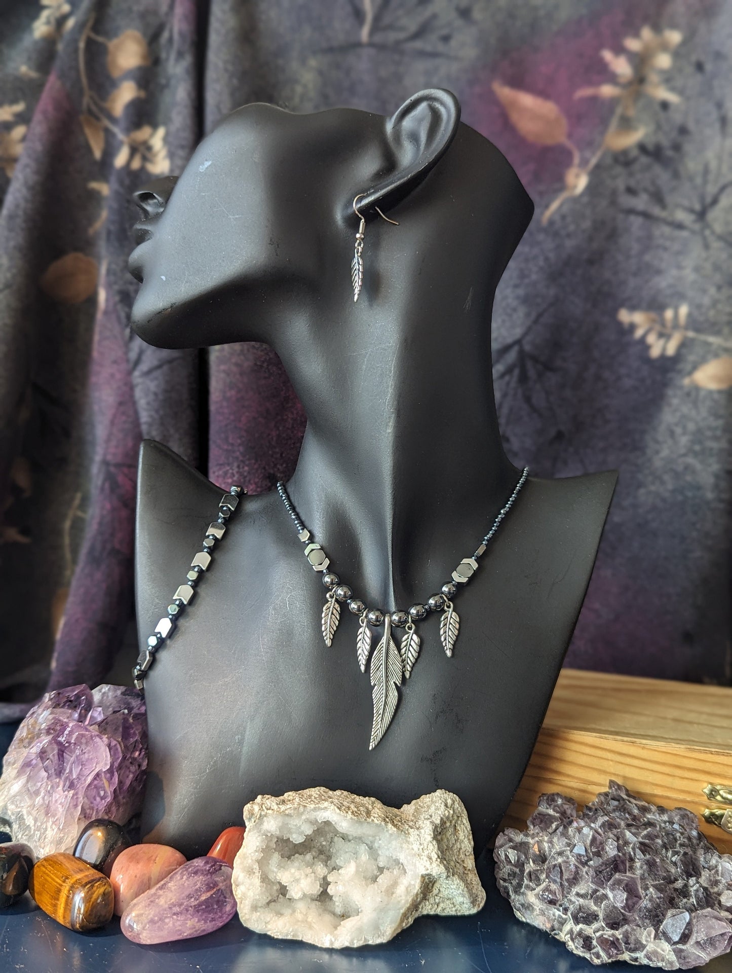 AMERICA East Coast. Tribal Feathers Set. Silver Feather Pendants on a Silver Hematite Styled Beaded Necklace with Bracelet and Earrings