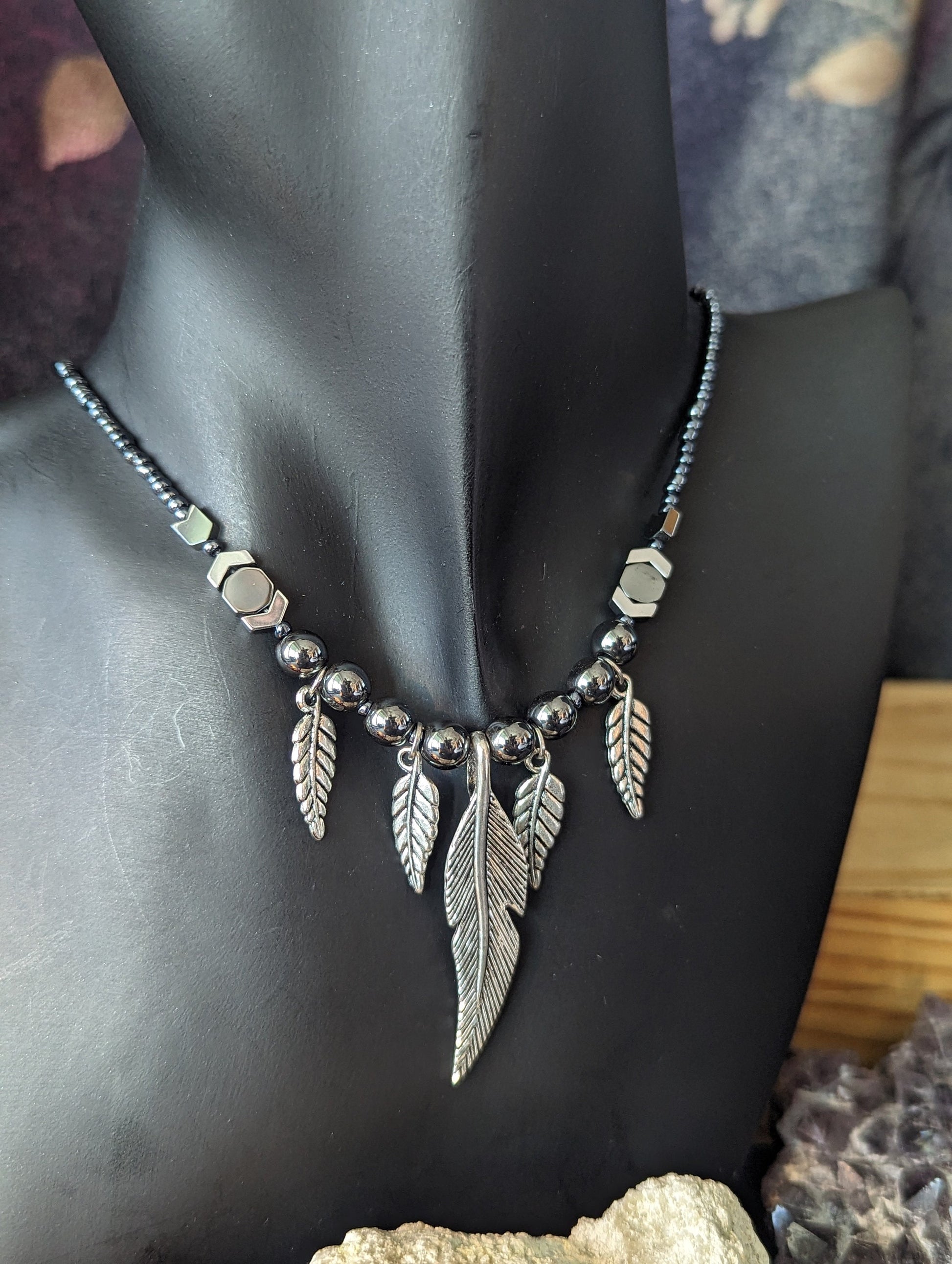 AMERICA East Coast. Tribal Feathers Set. Silver Feather Pendants on a Silver Hematite Styled Beaded Necklace with Bracelet and Earrings