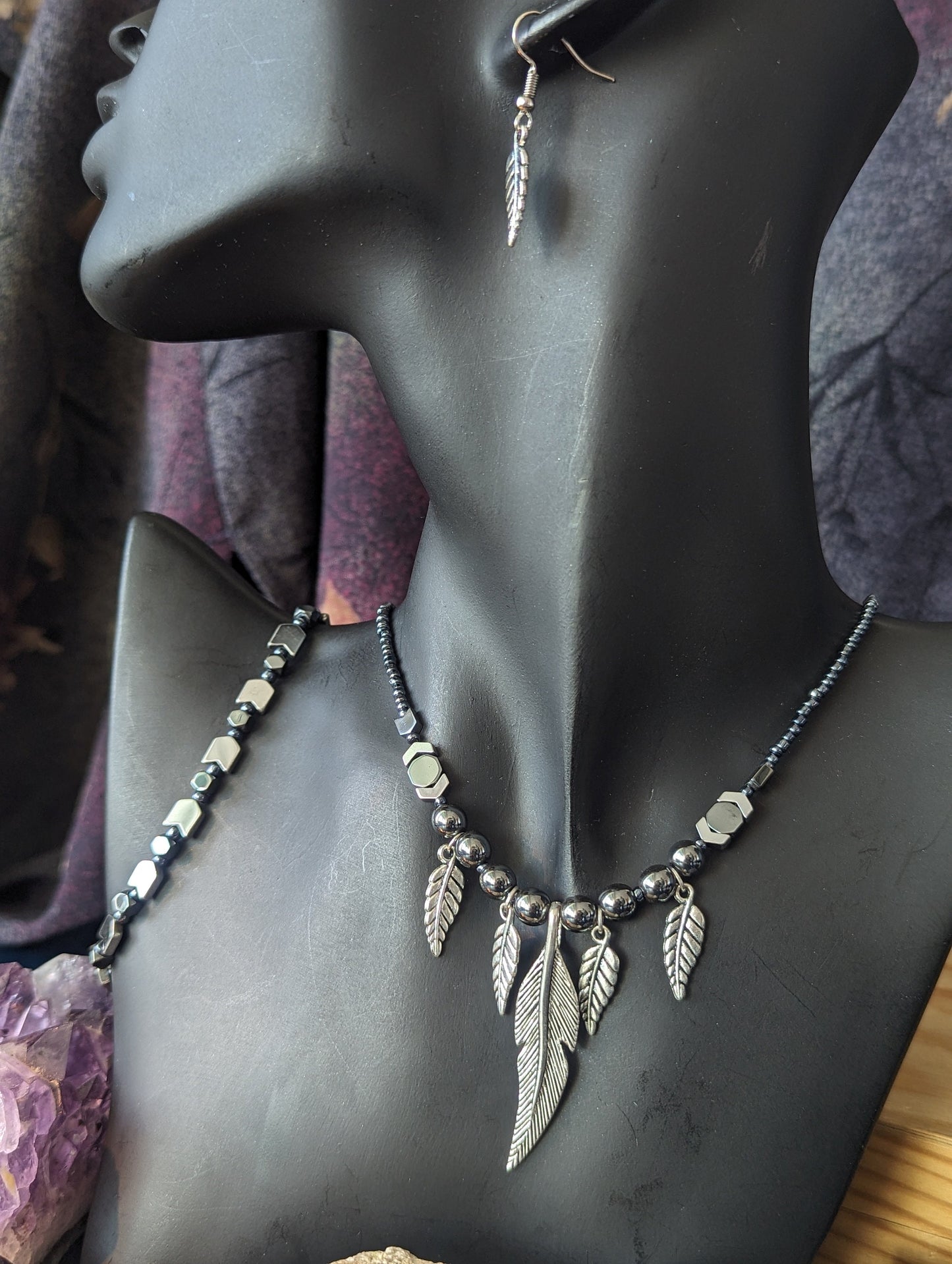 AMERICA East Coast. Tribal Feathers Set. Silver Feather Pendants on a Silver Hematite Styled Beaded Necklace with Bracelet and Earrings