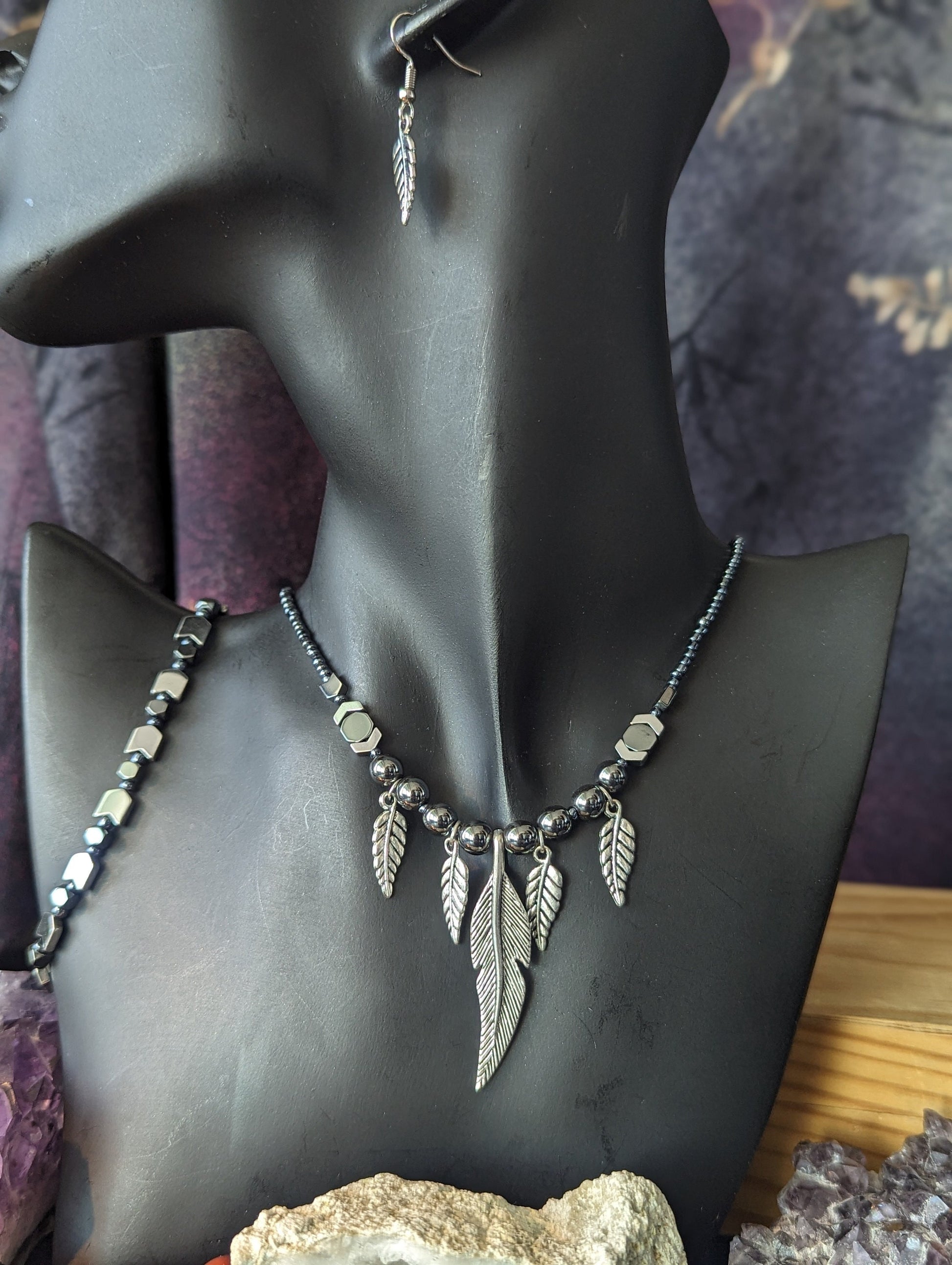 AMERICA East Coast. Tribal Feathers Set. Silver Feather Pendants on a Silver Hematite Styled Beaded Necklace with Bracelet and Earrings