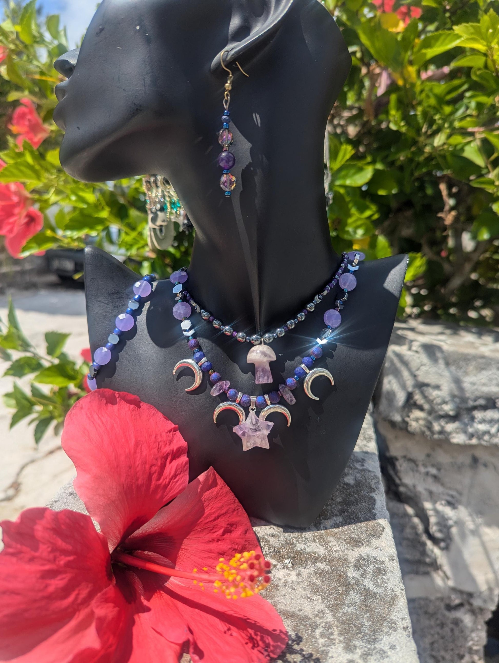 AMERICA East Coast Purple Mushroom Night: Amethyst necklaces with Mushroom and Star Pendants, silver moons, Agate and Amethyst beaded set