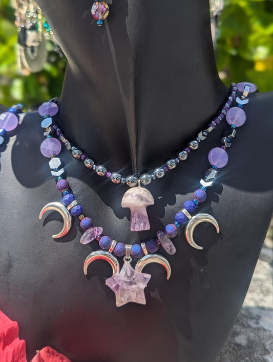 AMERICA East Coast Purple Mushroom Night: Amethyst necklaces with Mushroom and Star Pendants, silver moons, Agate and Amethyst beaded set