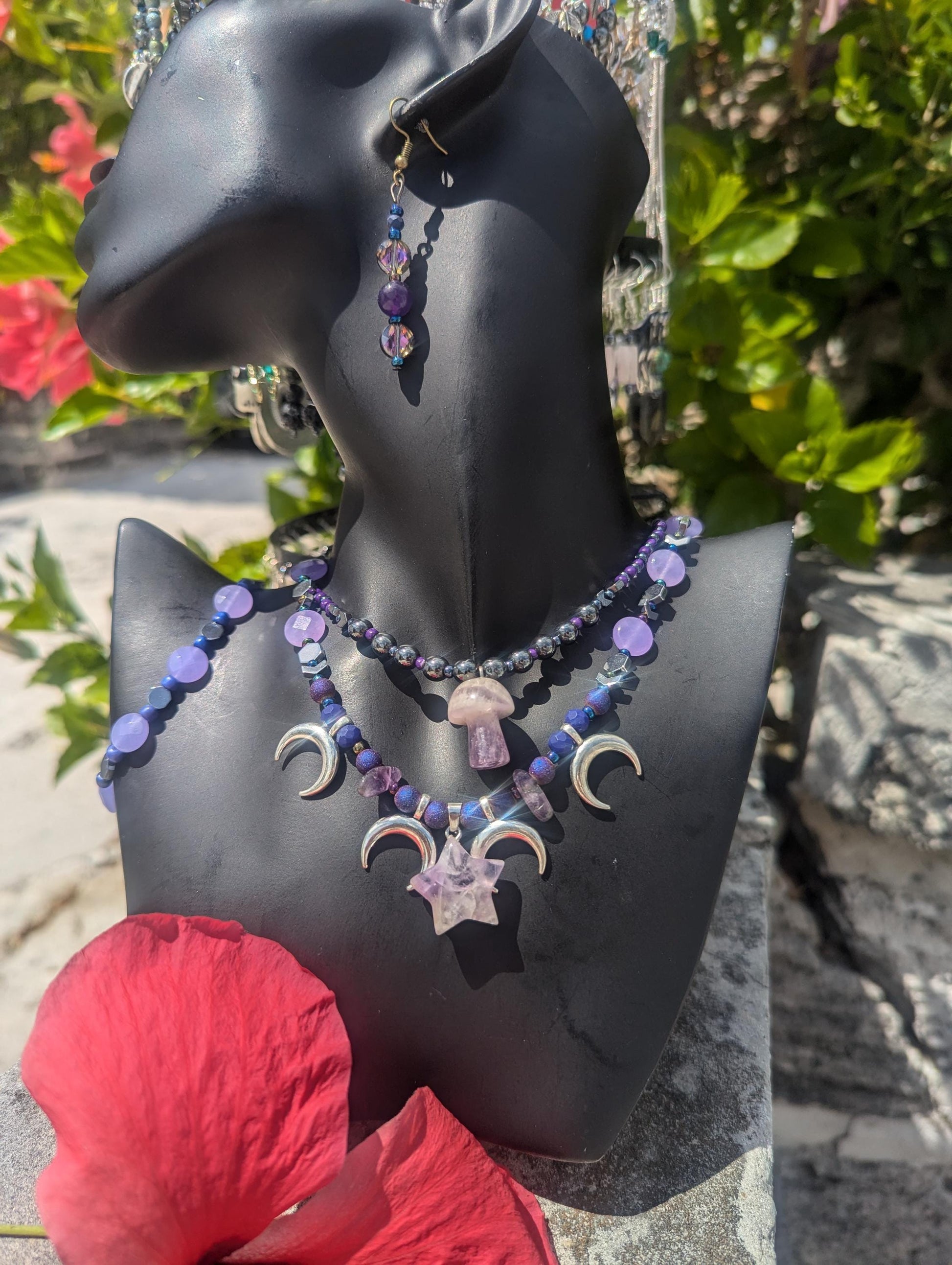 AMERICA East Coast Purple Mushroom Night: Amethyst necklaces with Mushroom and Star Pendants, silver moons, Agate and Amethyst beaded set